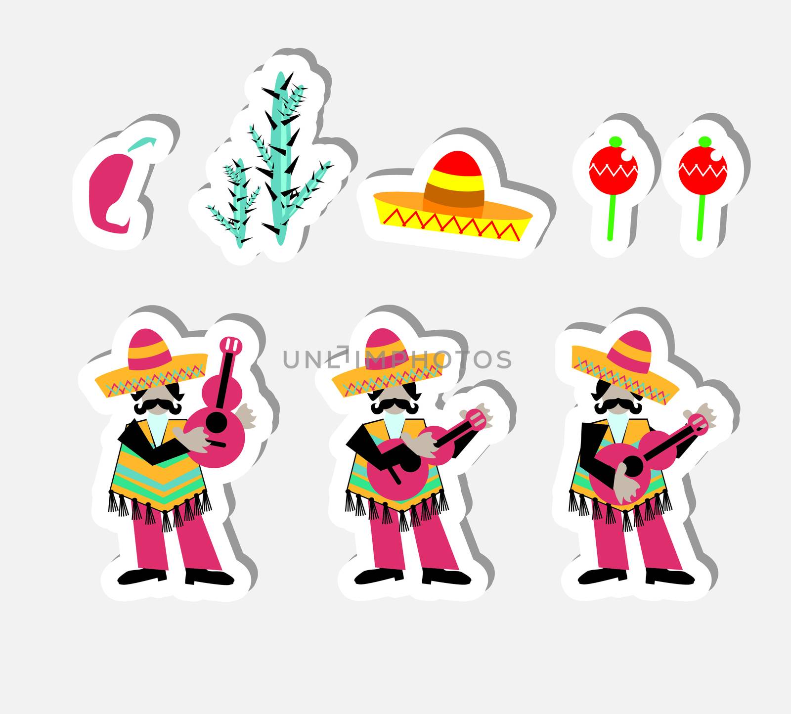 Сartoon Mexican icons set music band nature and design elements stickers