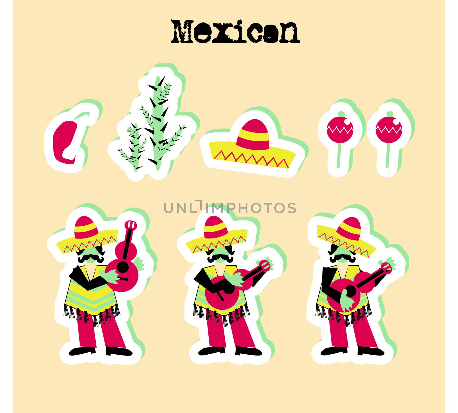 Сartoon Mexican icons set music band nature and design elements stickers