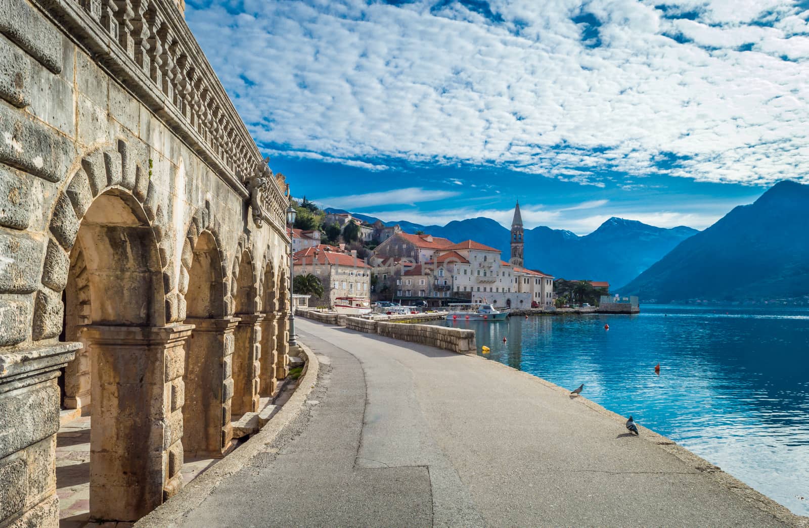 Beautiful blue morning in old town Perast
