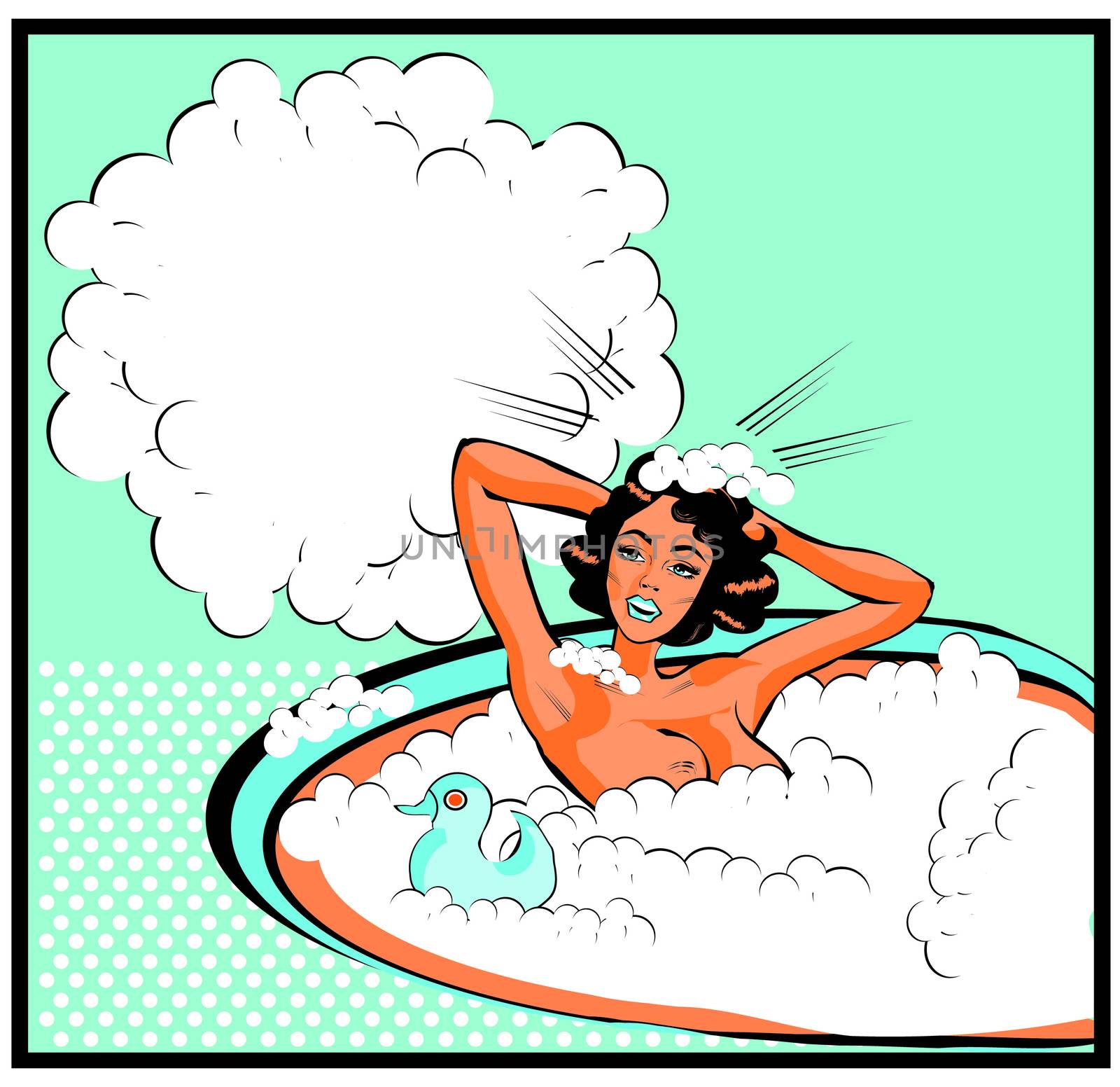 Retro Woman in the bath nude with duck Washing head with bubbles