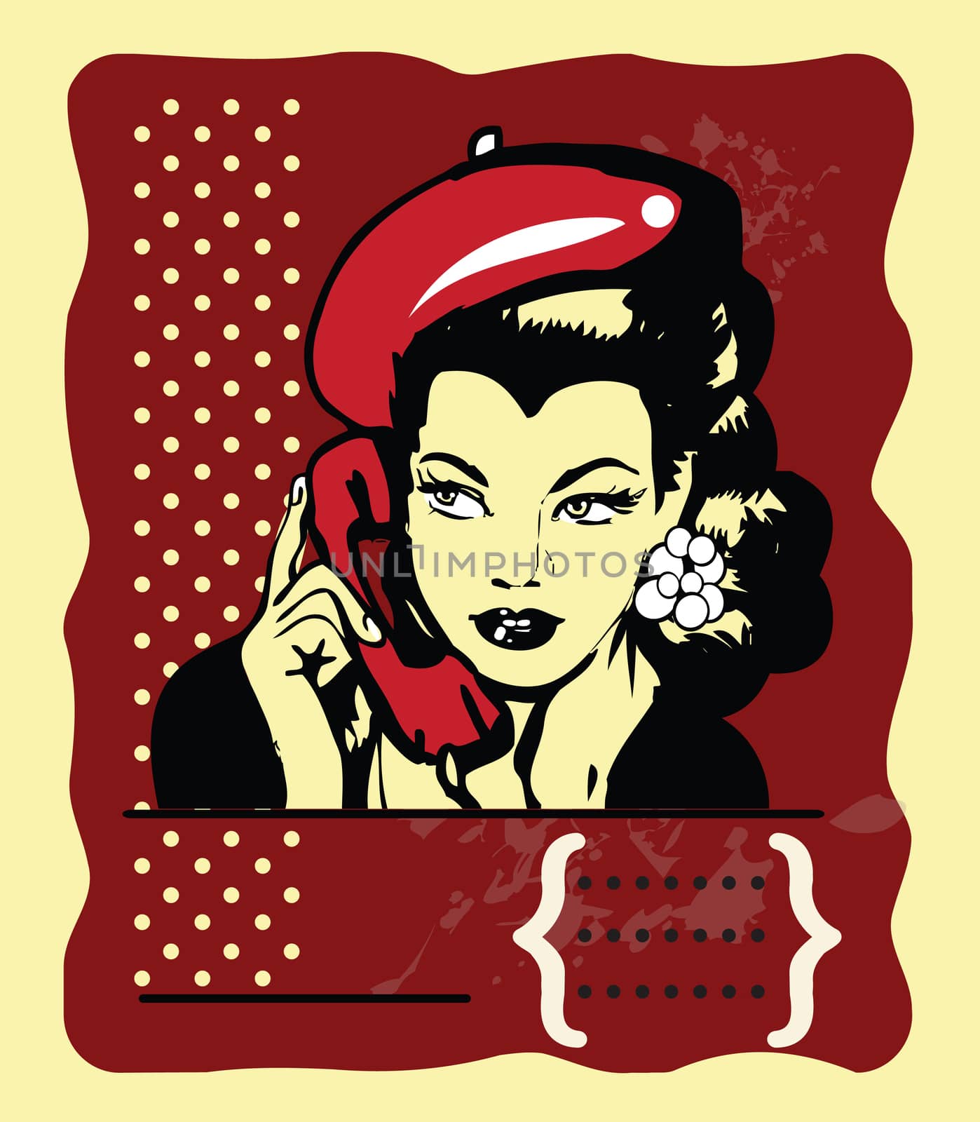 Beauty Retro Girl Portrait  Beautiful Woman Face talking by phone on polka dot Background. Pretty Girl Touching her Face 
