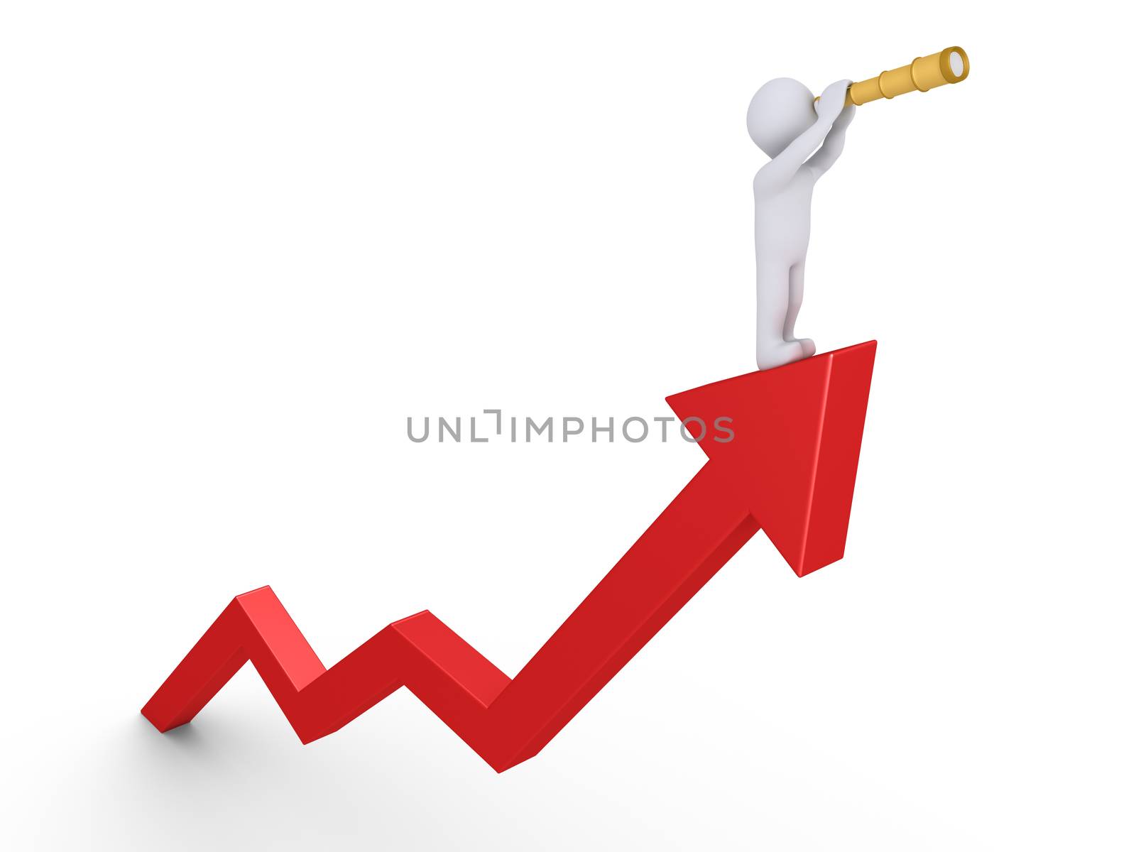 Person is on top of rising graph and is looking through a telescope