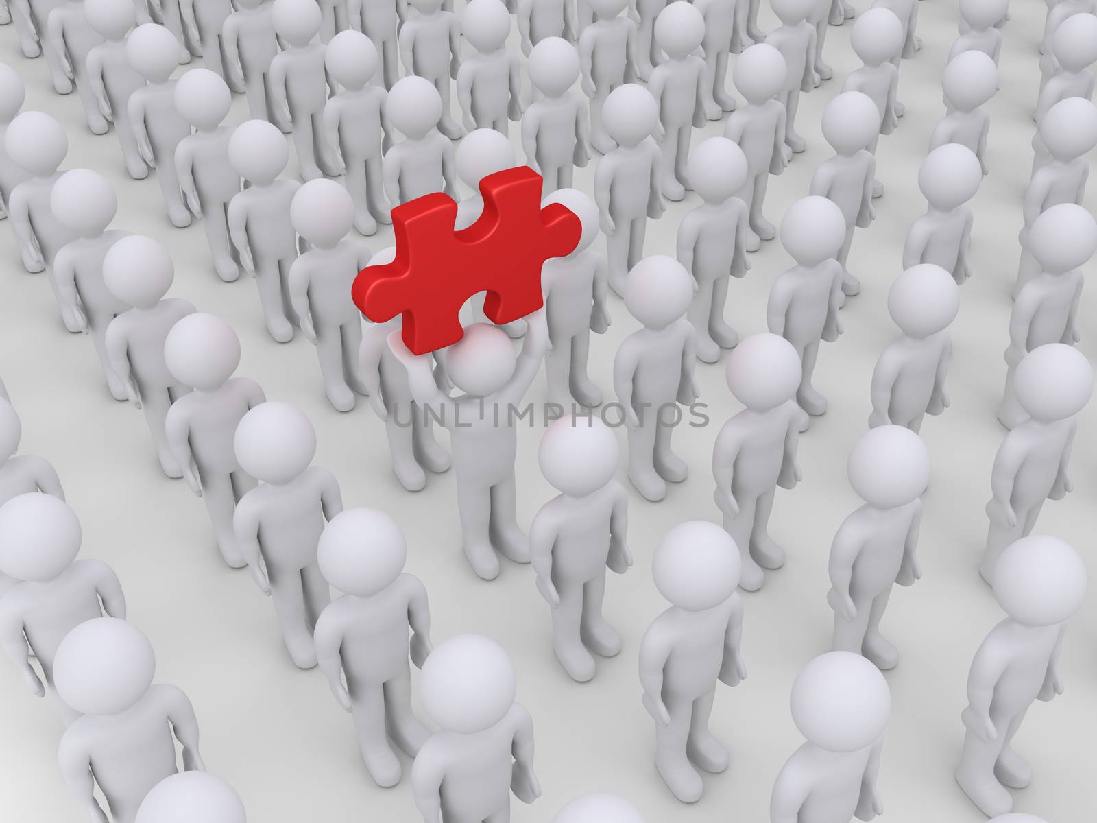 Many people in rows but one is holding high a puzzle piece