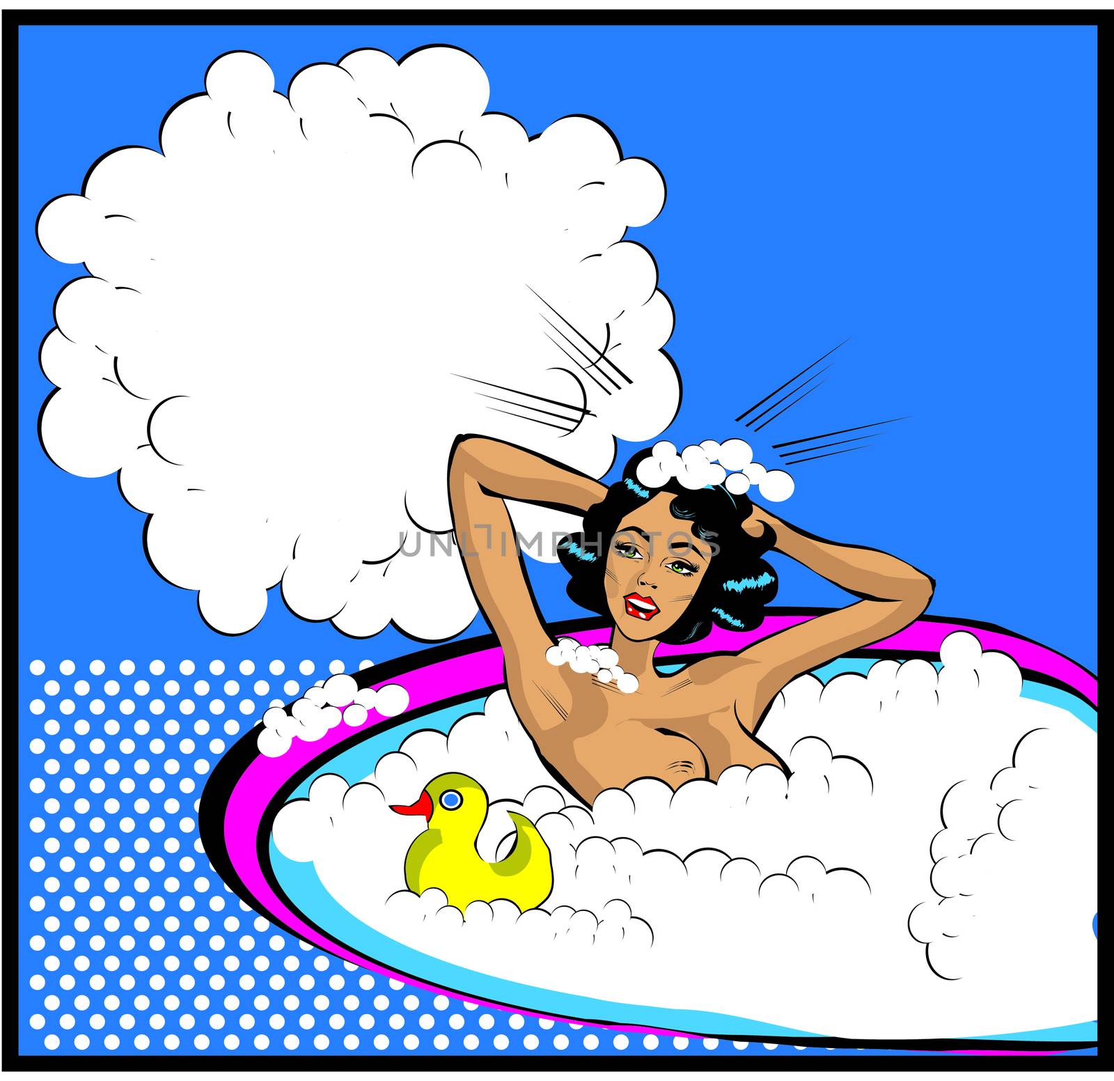 Retro Woman in the bath nude with duck Washing head with bubbles