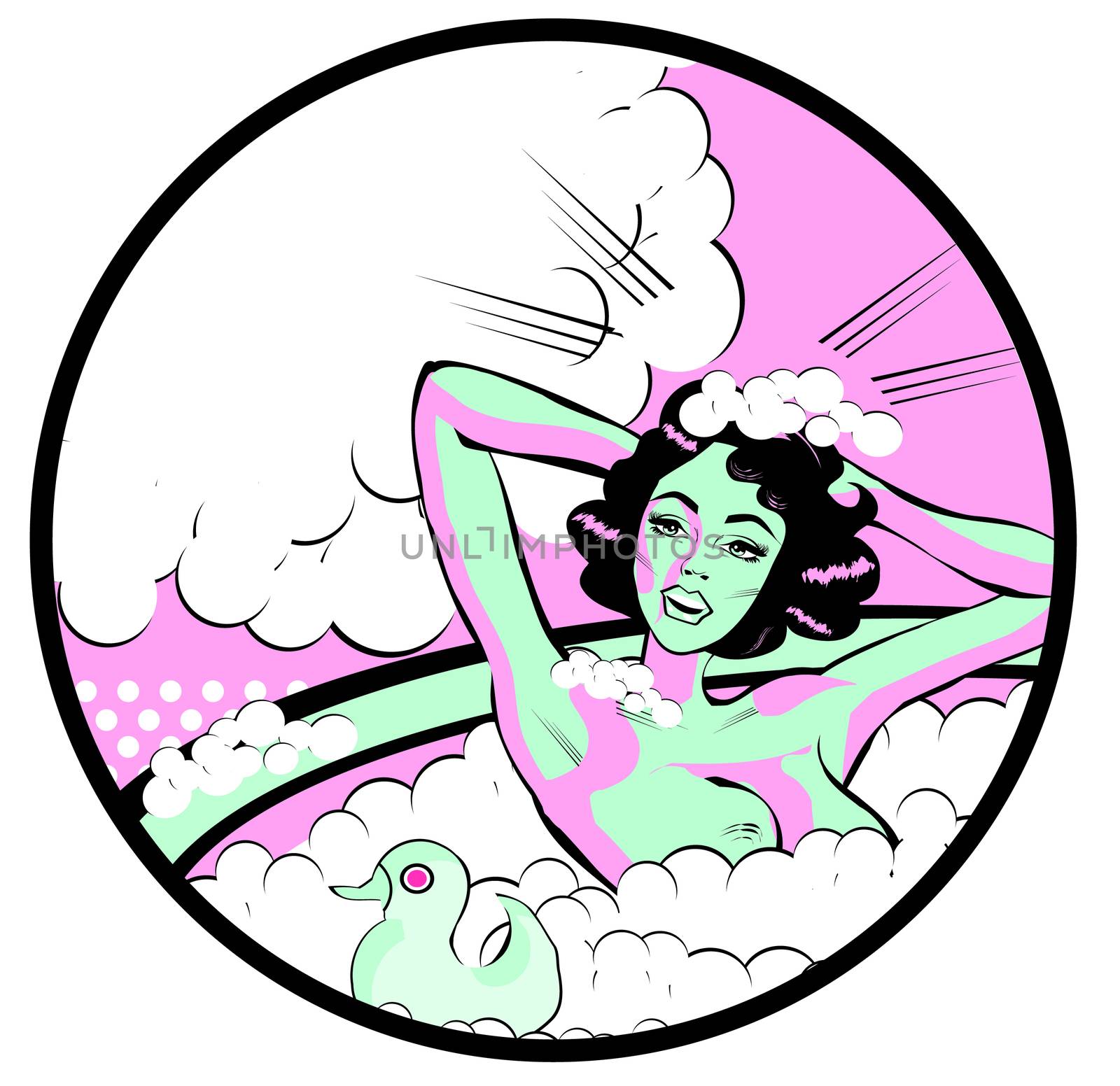 Retro Woman in the bath nude with duck Washing head with bubbles