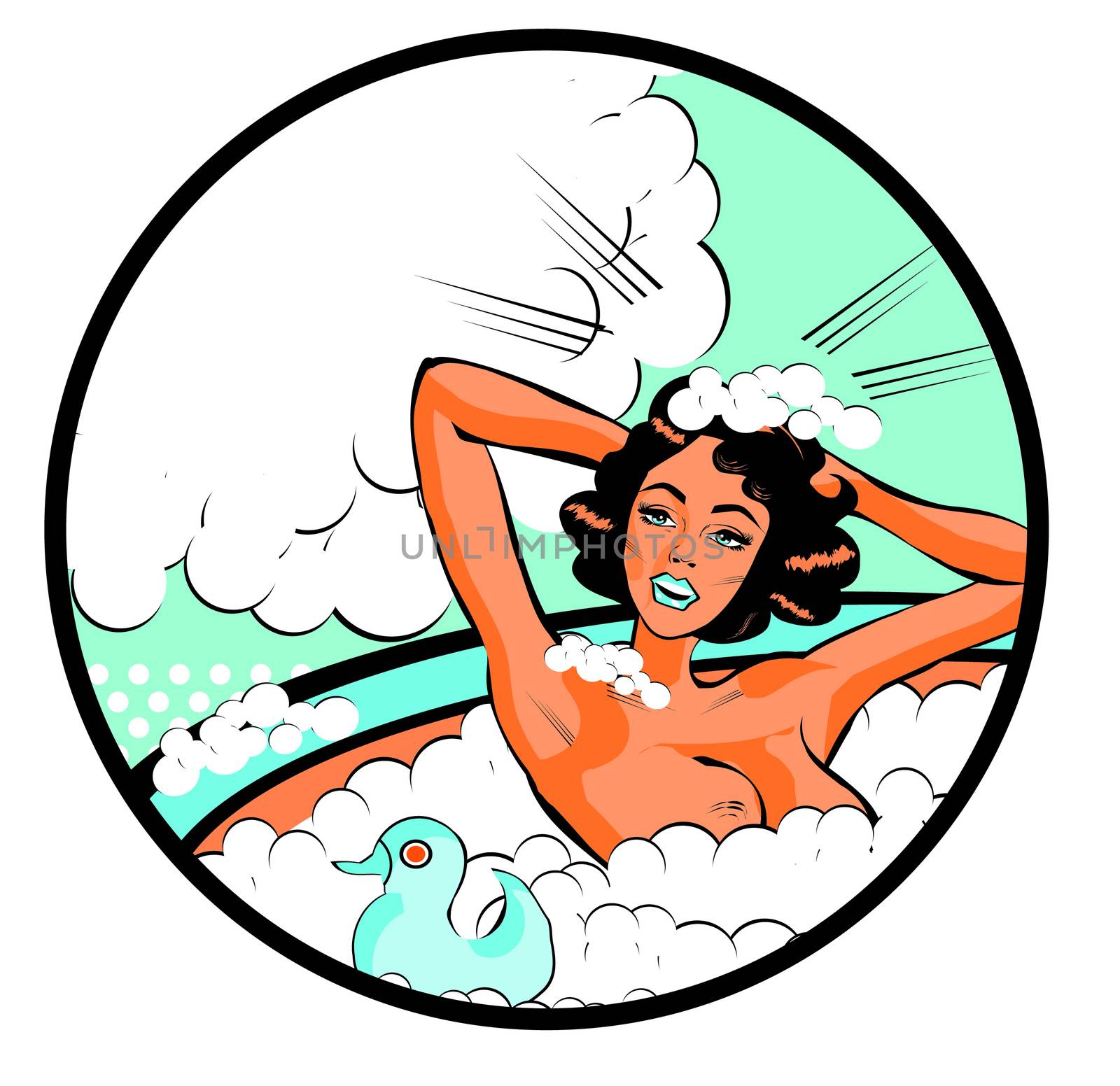 Retro Woman in the bath nude with duck Washing head with bubbles