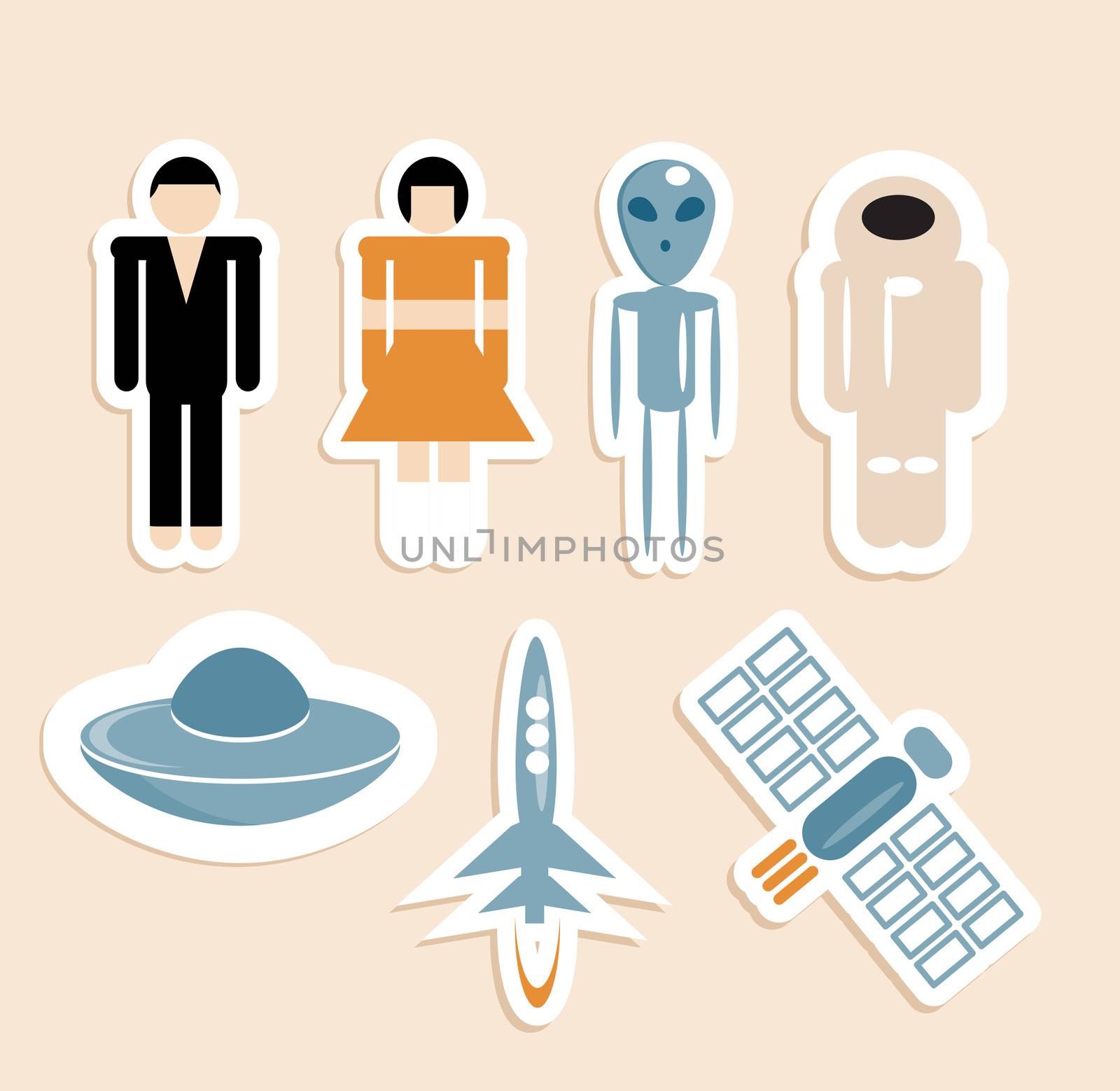 Space, peoples, Astronaut and aliens icons set - fly objects