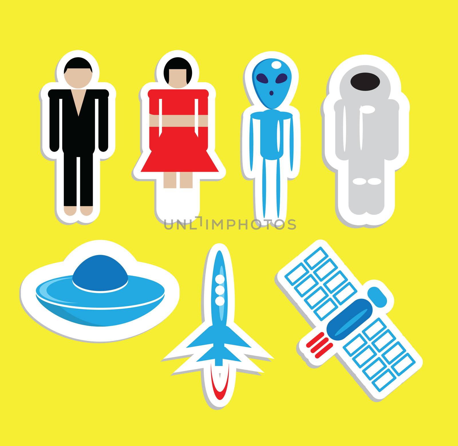 Space, peoples, Astronaut and aliens icons set - fly objects