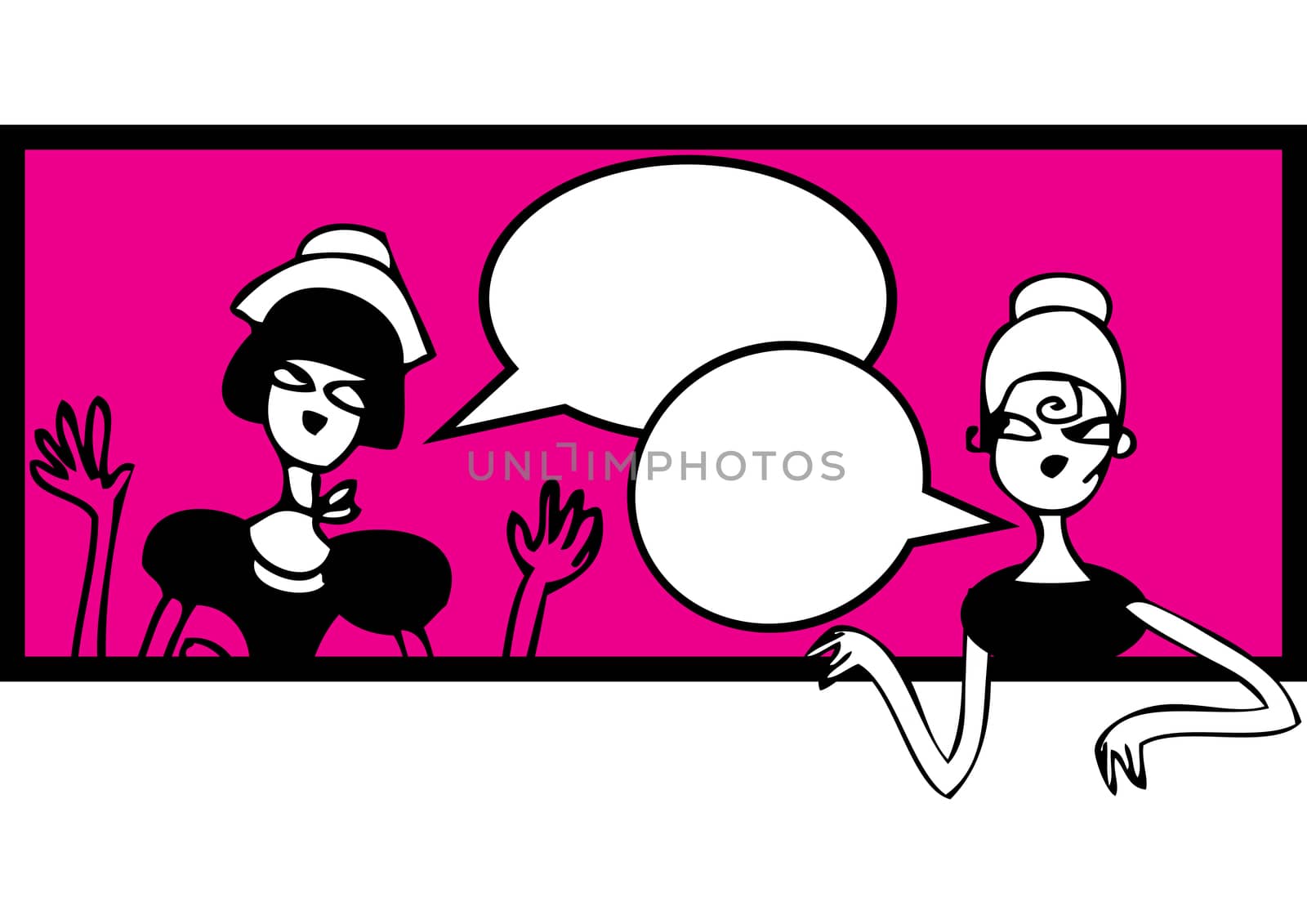 Comics talking doodles banner. Female meeting and talking sticker