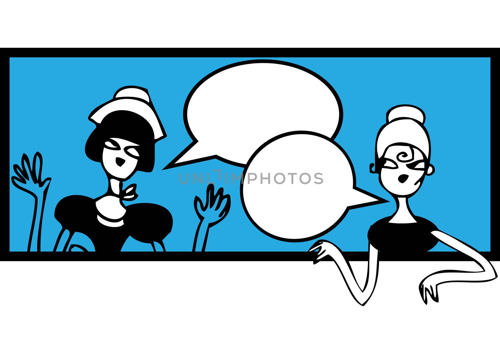 Comics talking doodles banner. Female meeting and talking sticke by IconsJewelry
