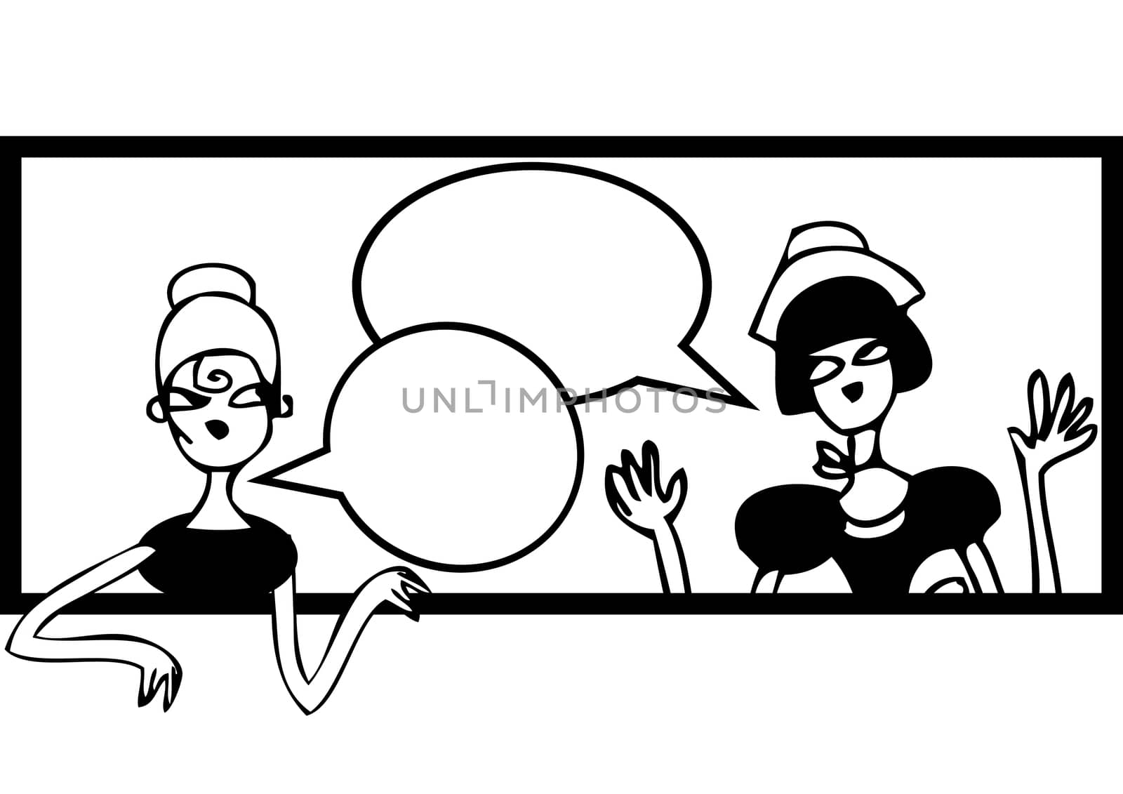 Comics talking doodles banner. Female meeting and talking sticker