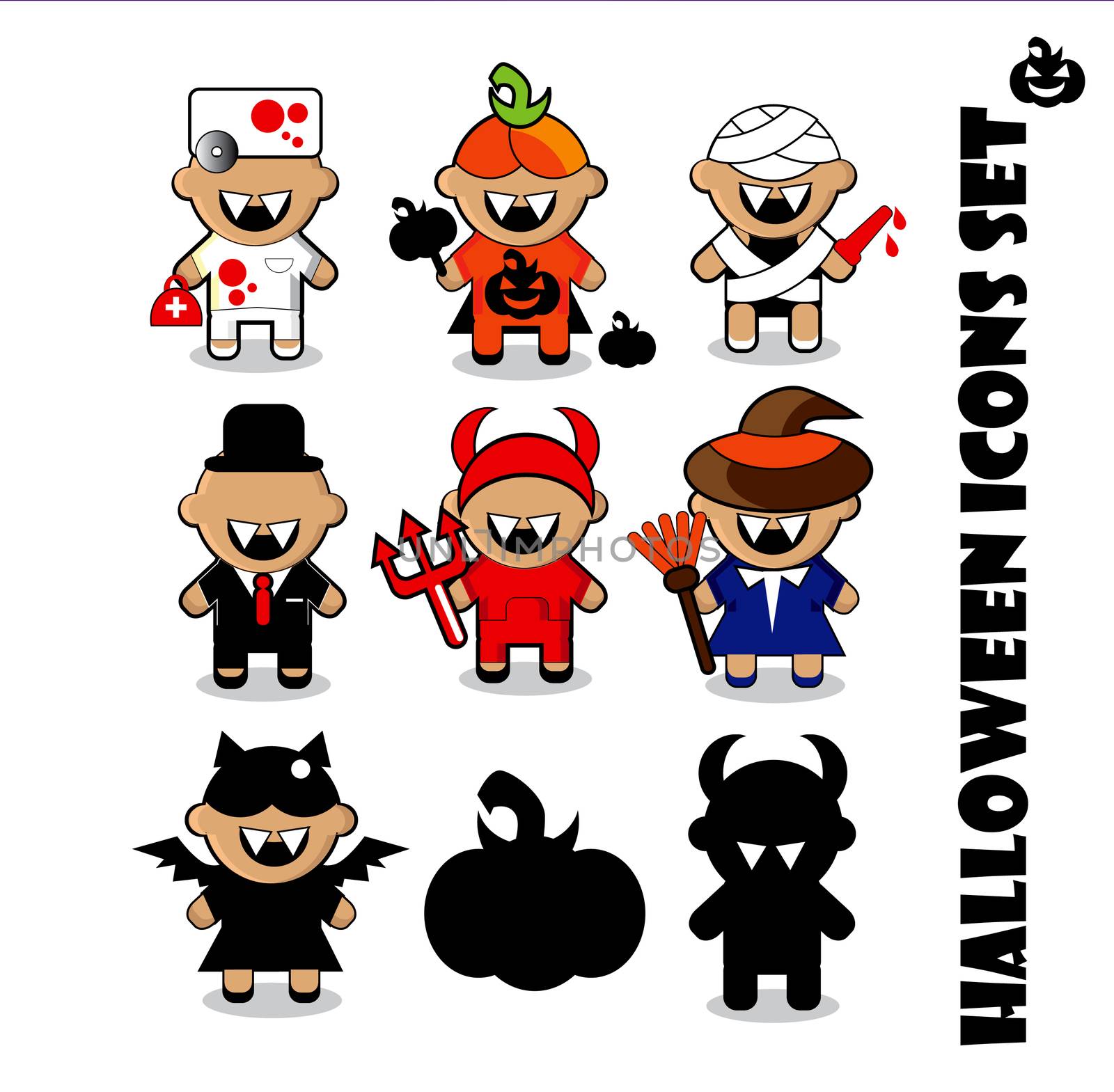 Halloween icons set doctor, dracula,  bat, witch, pumpkin, evil, Mummy 