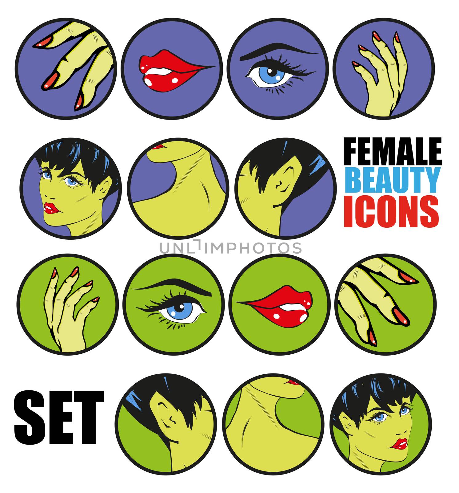 Female Beauty Icons Set Vector Retro Classic Comics Pin Up Style for web sites or presentations templates