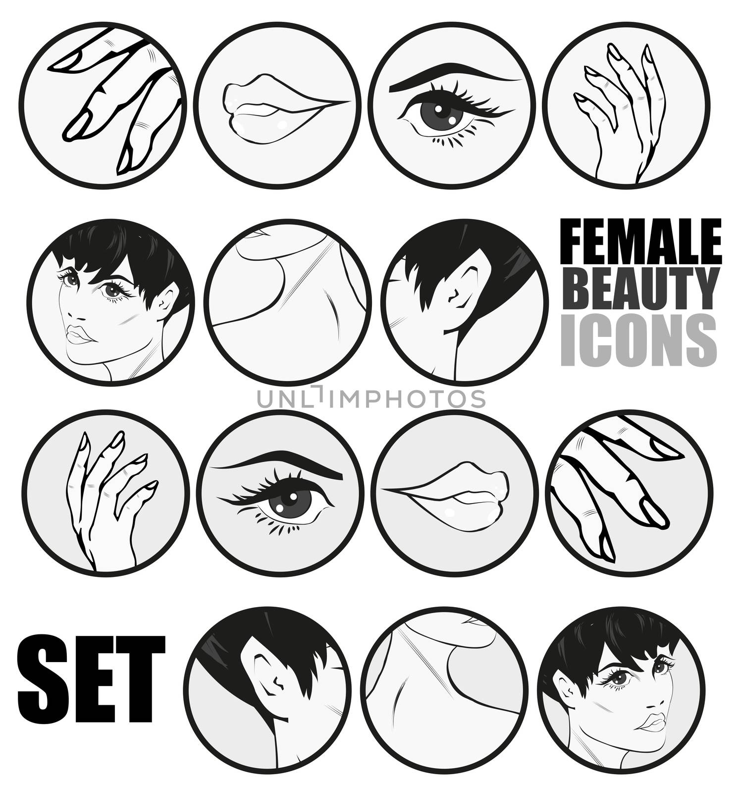 Female Beauty Icons Set Vector Retro Classic Comics Pin Up Style for web sites or presentations templates