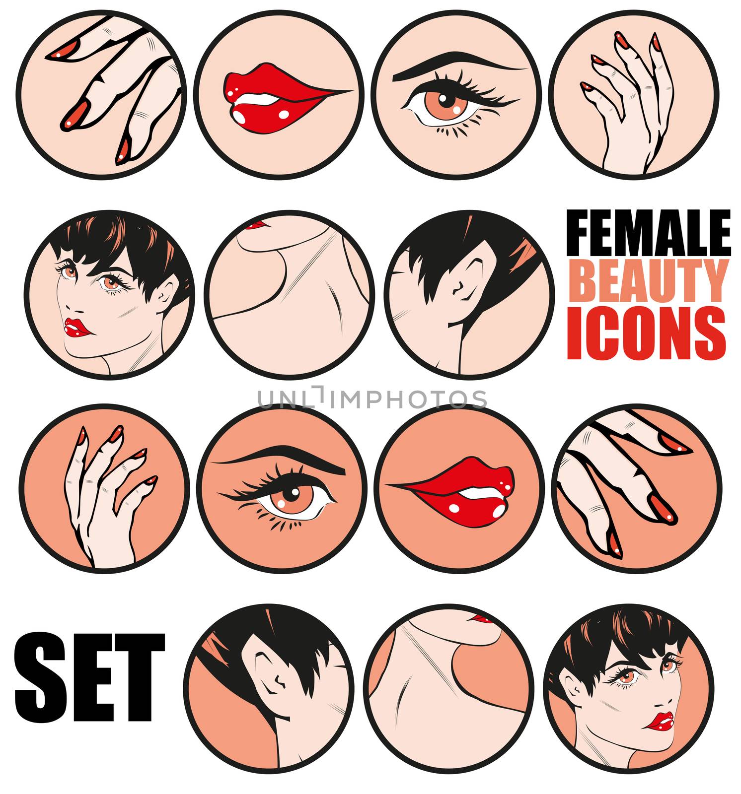 Female Beauty Icons Set Vector Retro Classic Comics Pin Up Style for web sites or presentations templates