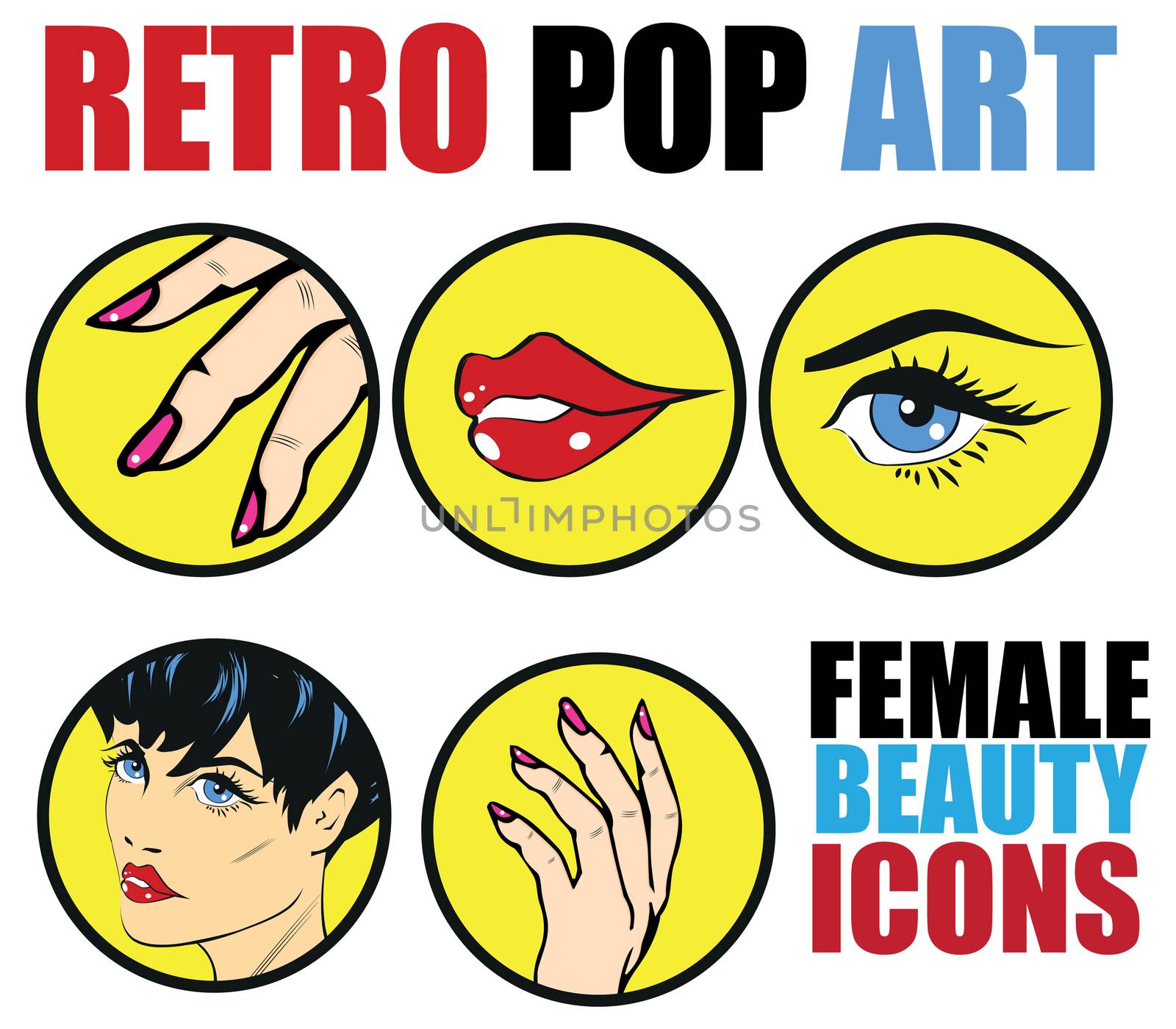 Pop Art Web site Icons Set - Beauty Woman Hand Nails Hair Face Lips Eyes Health Care and Cosmetic Signs Templates