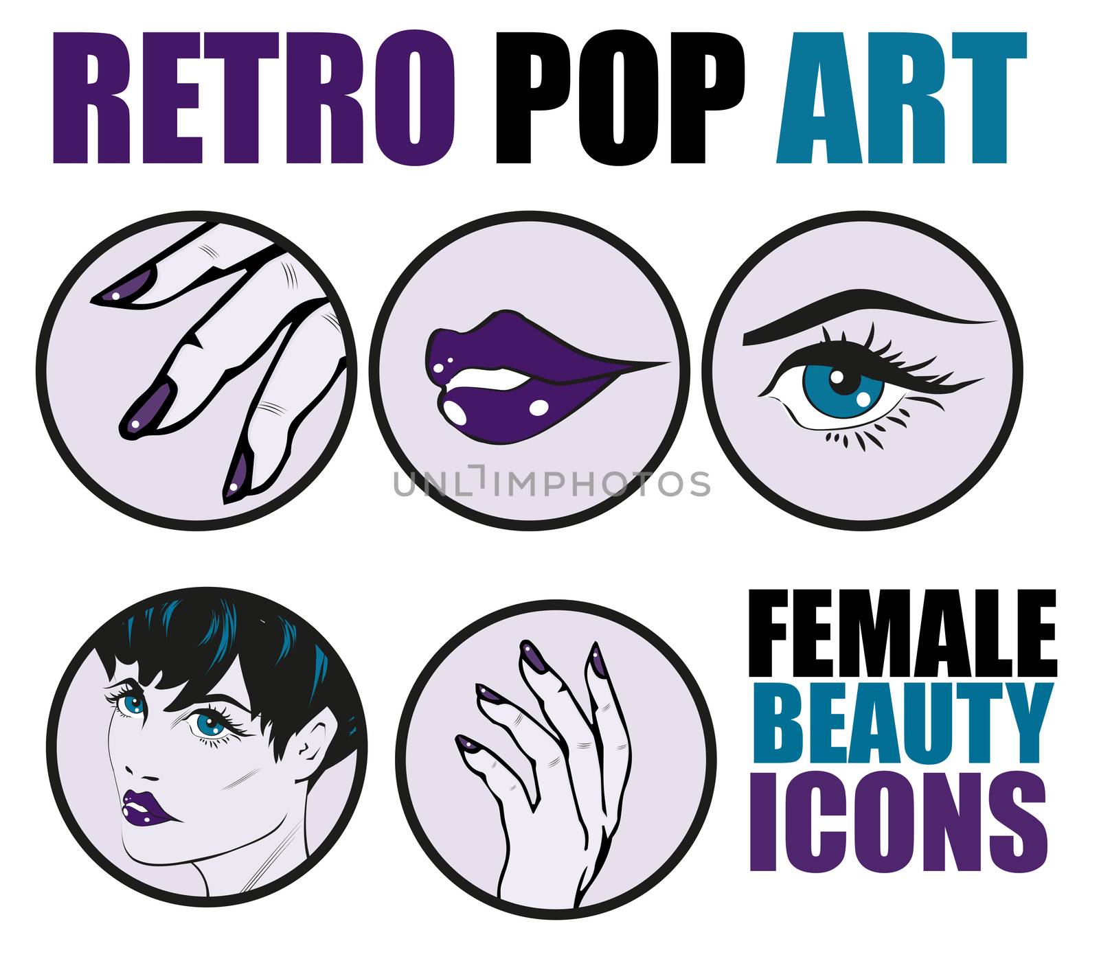 Pop Art Web site Icons Set - Beauty Woman Hand Nails Hair Face Lips Eyes Health Care and Cosmetic Signs Templates