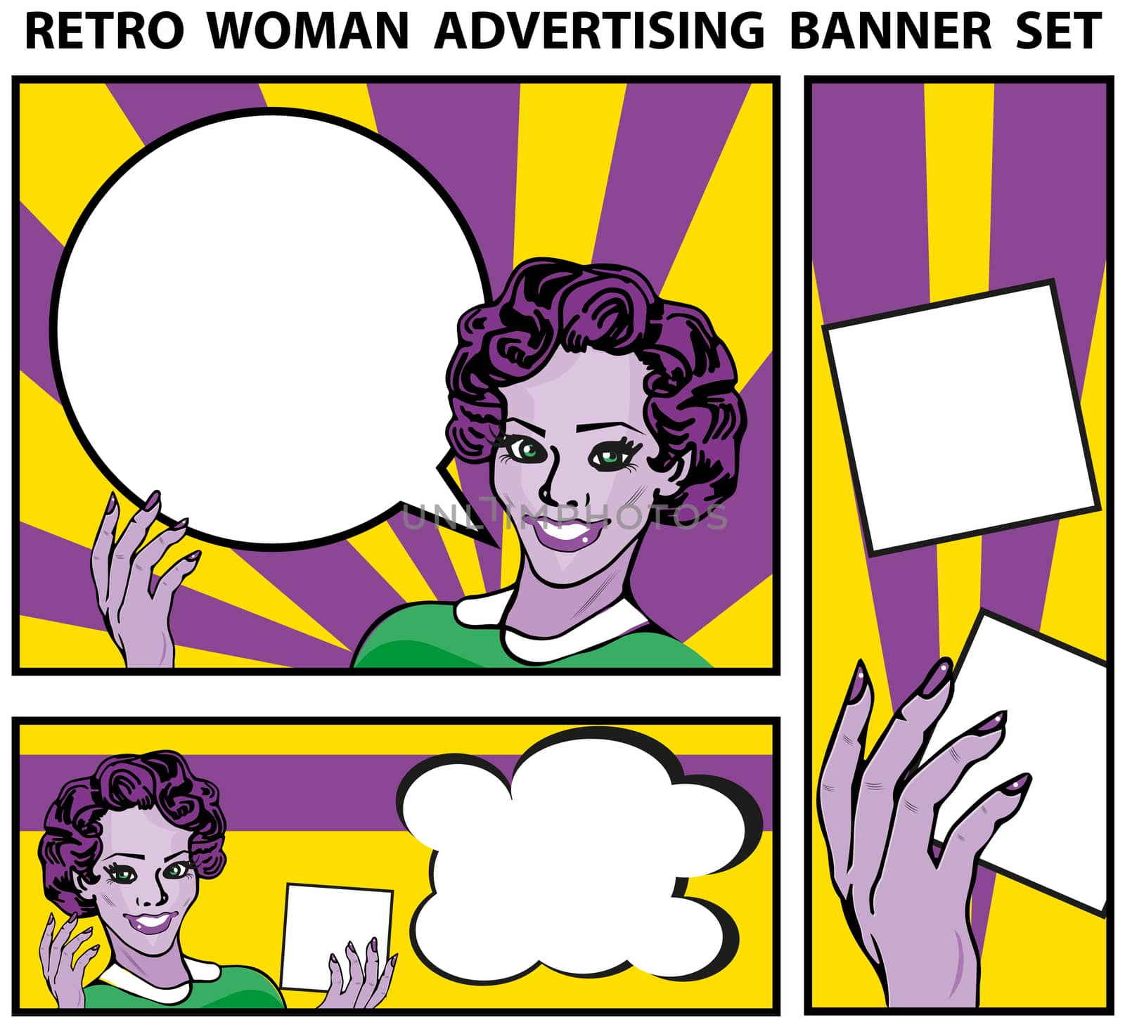 Retro woman advertising banners set templates backgrounds