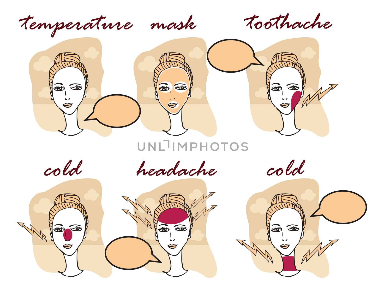 Cold and Flu Season illustration of Woman with headache, toothache, cold, temperature, mask icons