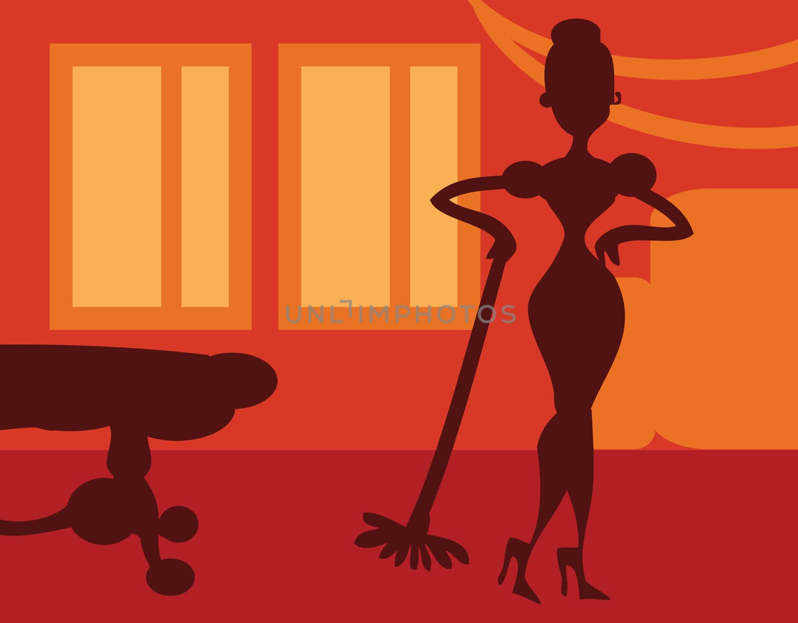 Silhouette Woman doing housework on room background - retro poster, card