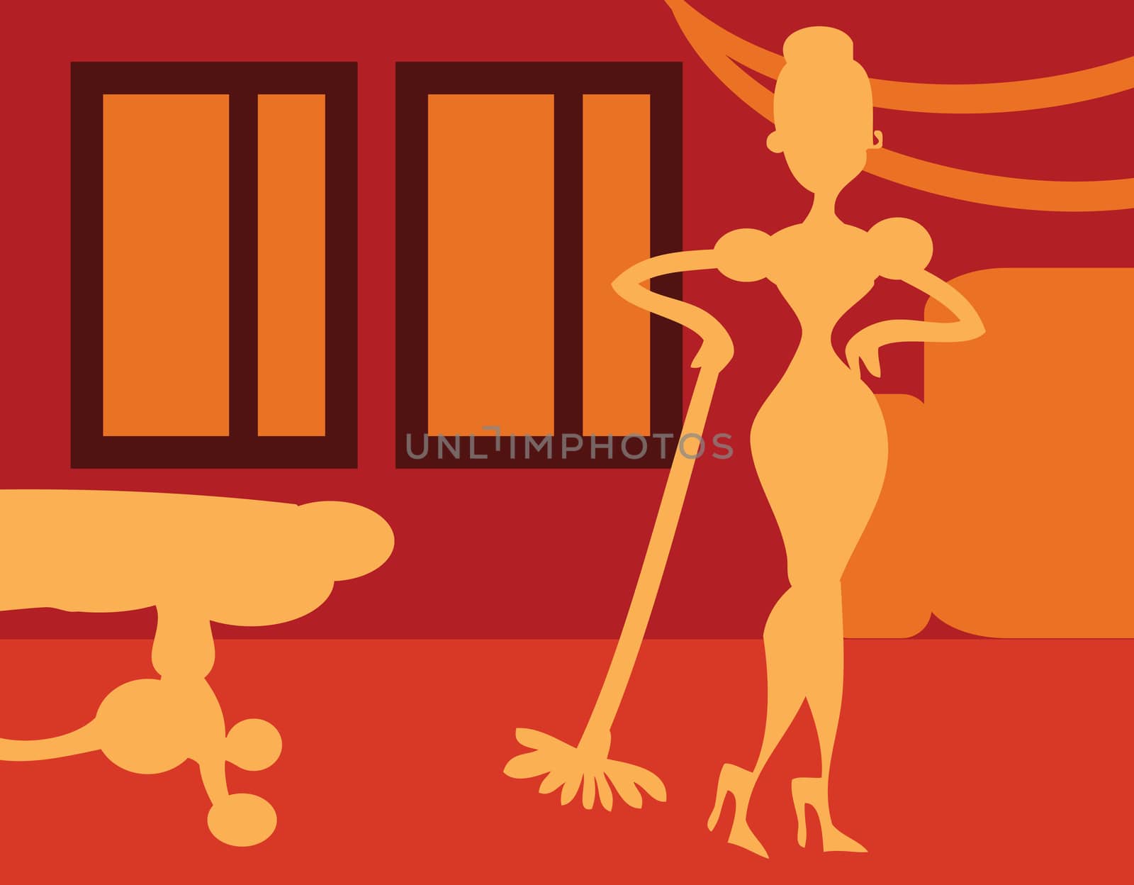 Silhouette Woman doing housework on room background - retro poster, card