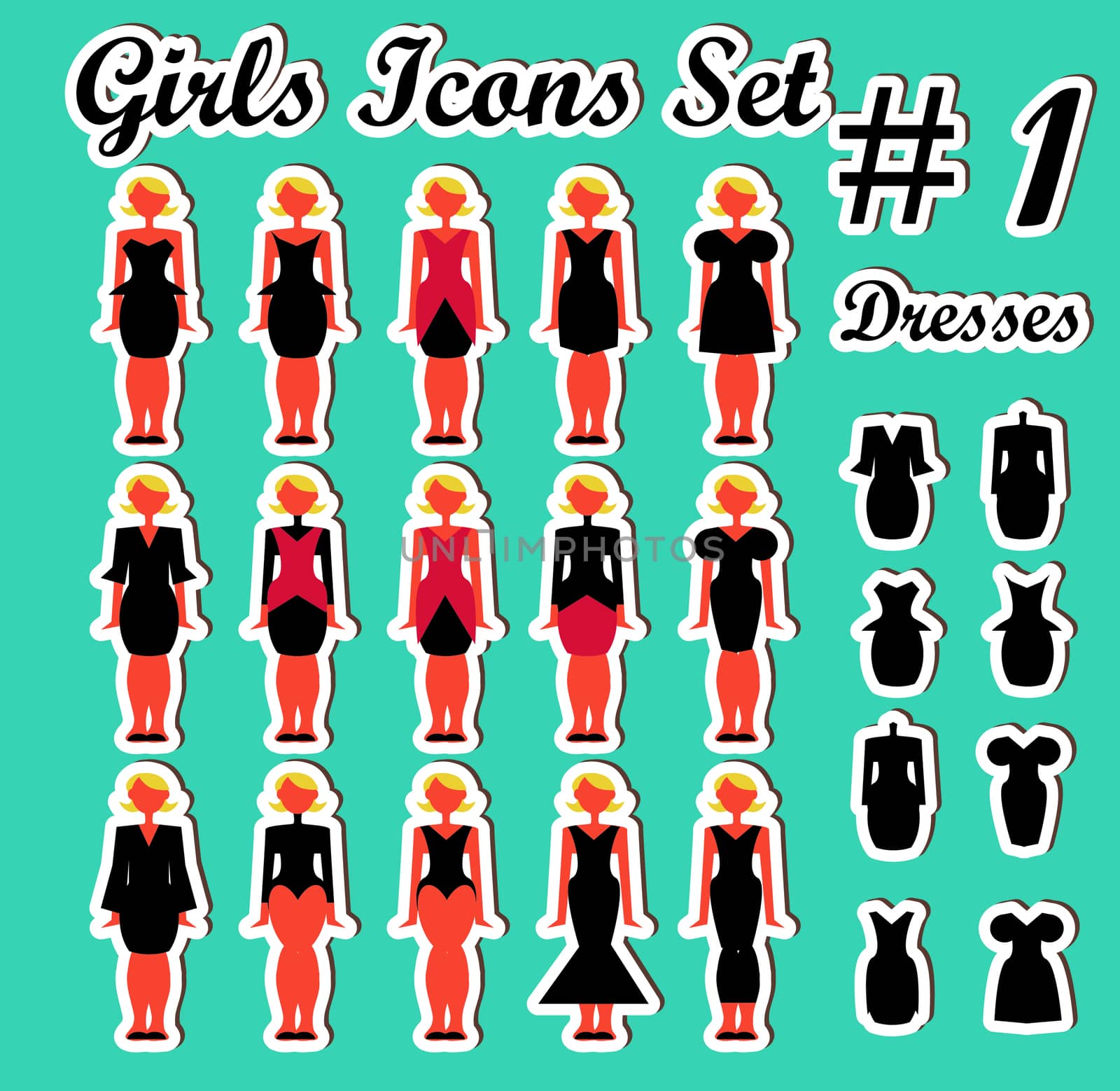 Girls Woman Icons Set 1 dress and people