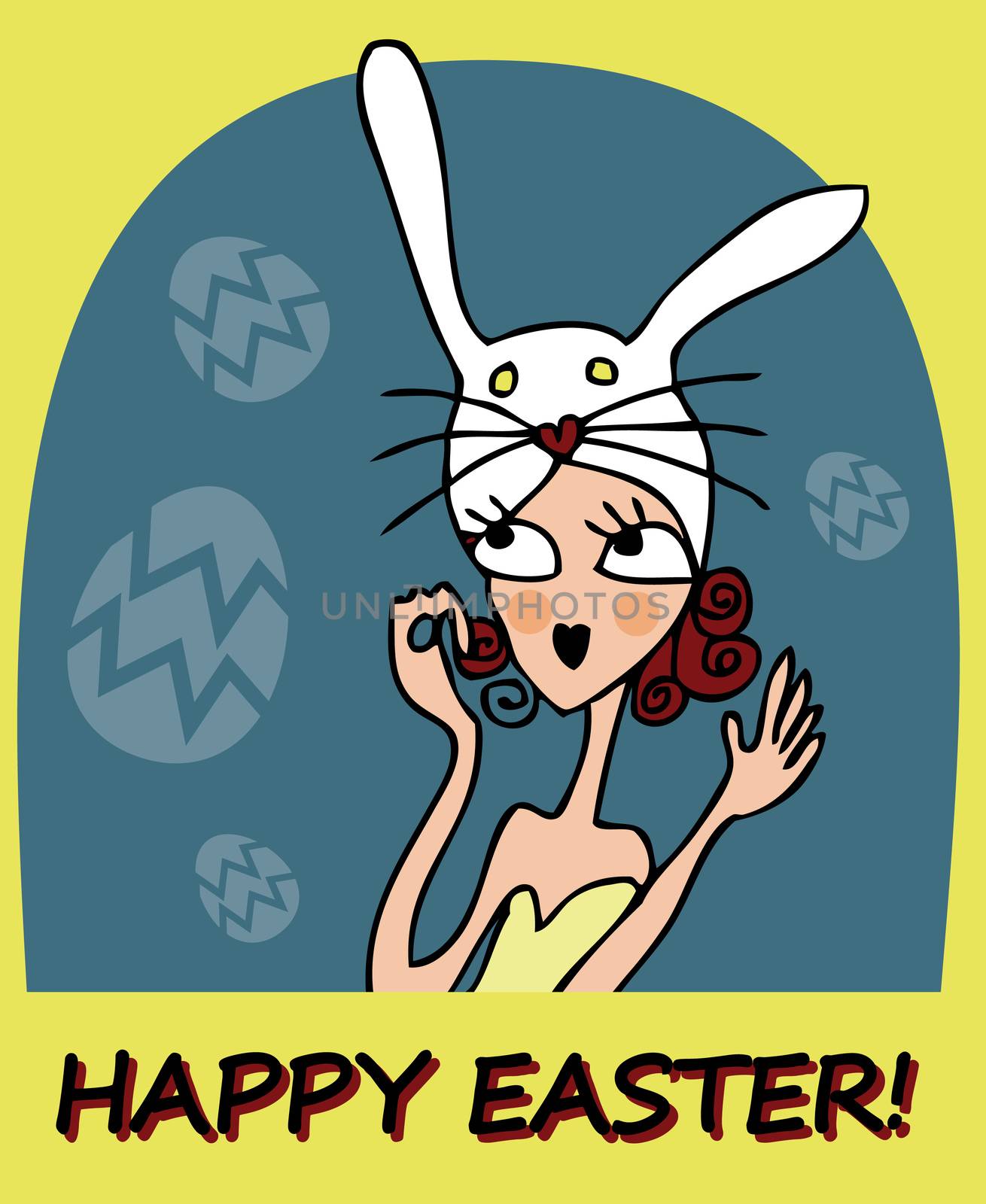 card illustration with doodley woman, girl, easter eggs, easter bunny, easter rabbit and font.