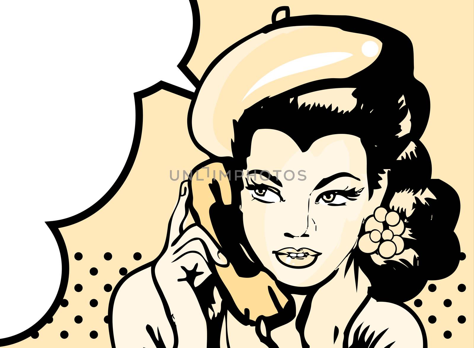 retro woman in chat by phone retro background or banner