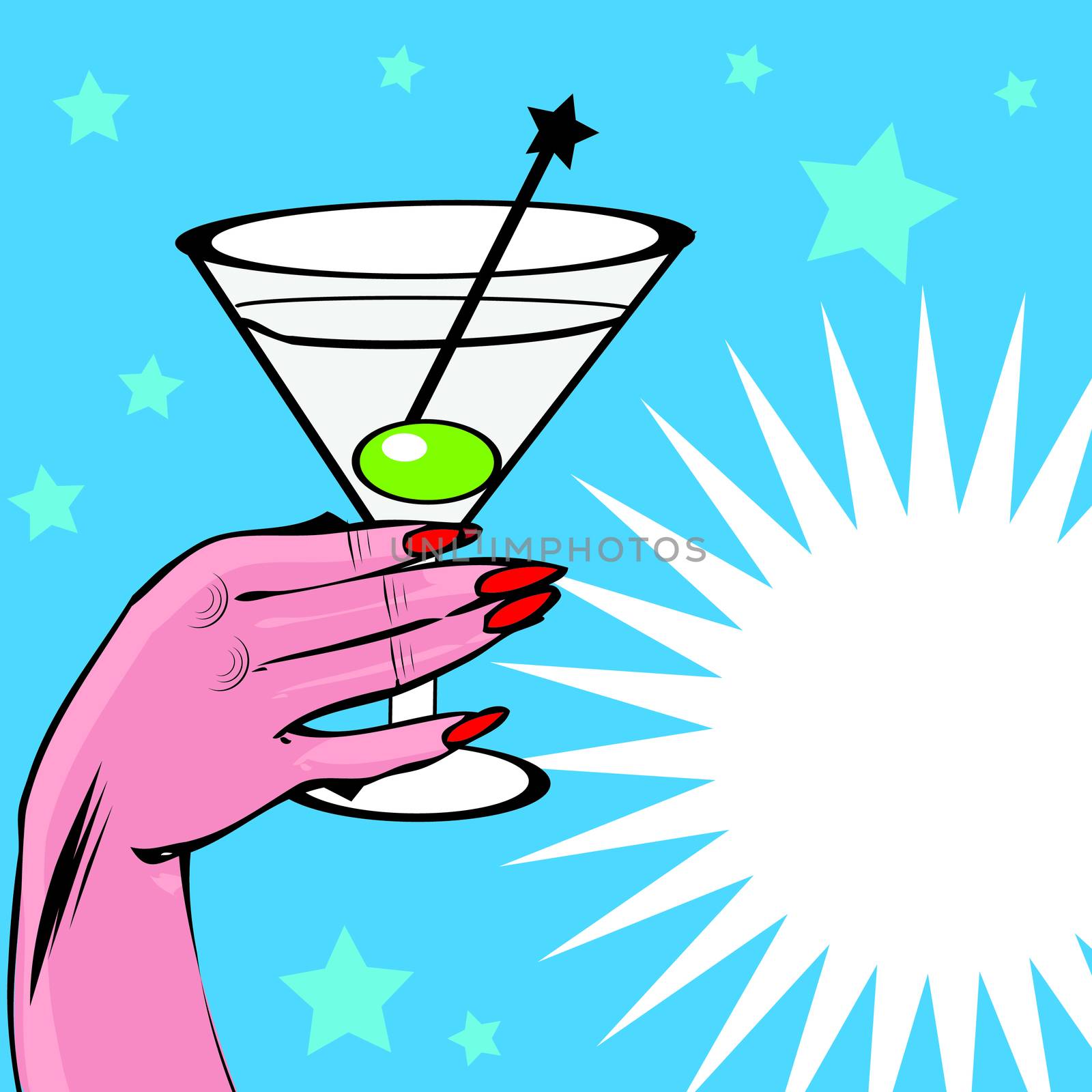 Vintage background Coctail with hand - pop art comic style