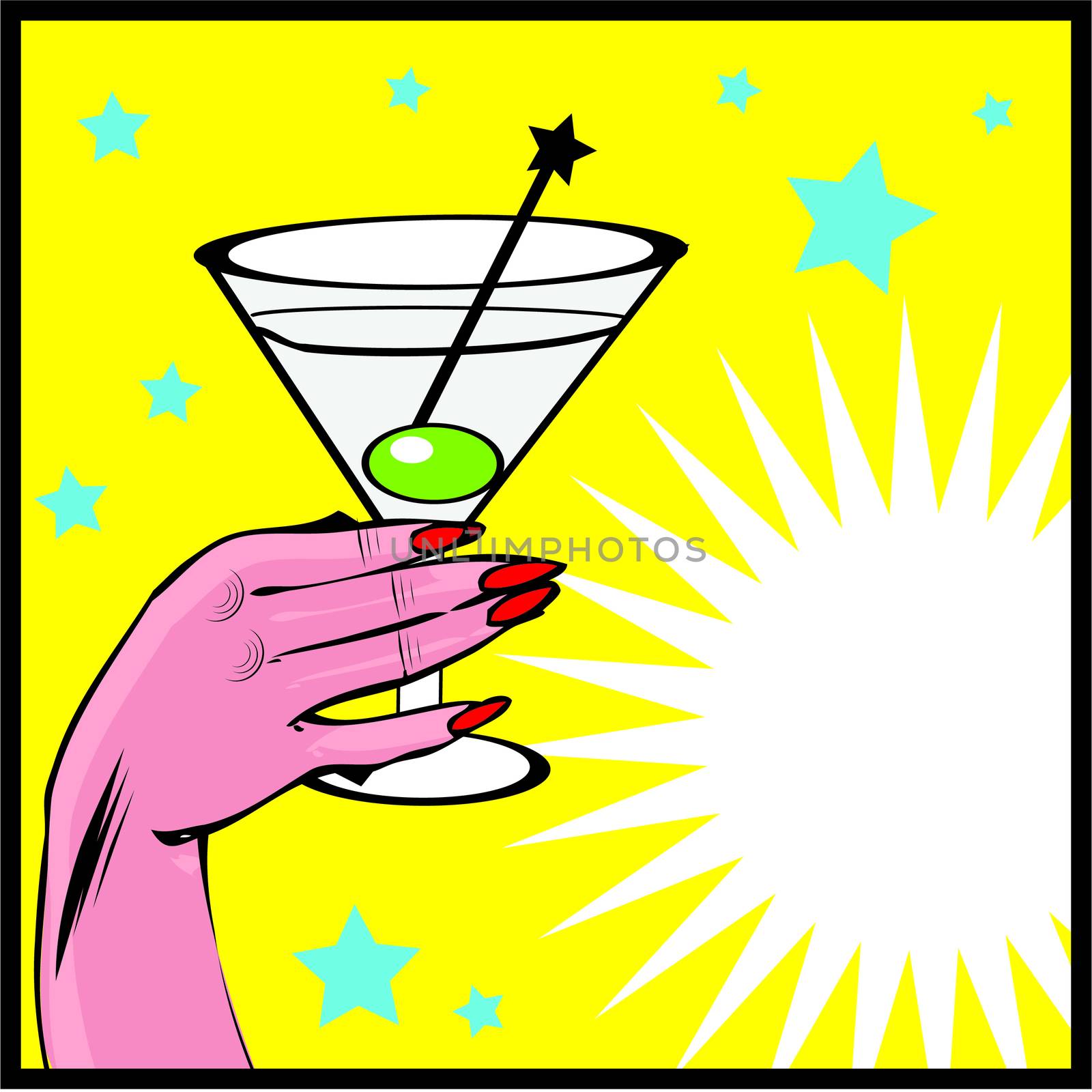 Vintage background Coctail with hand - pop art comic style