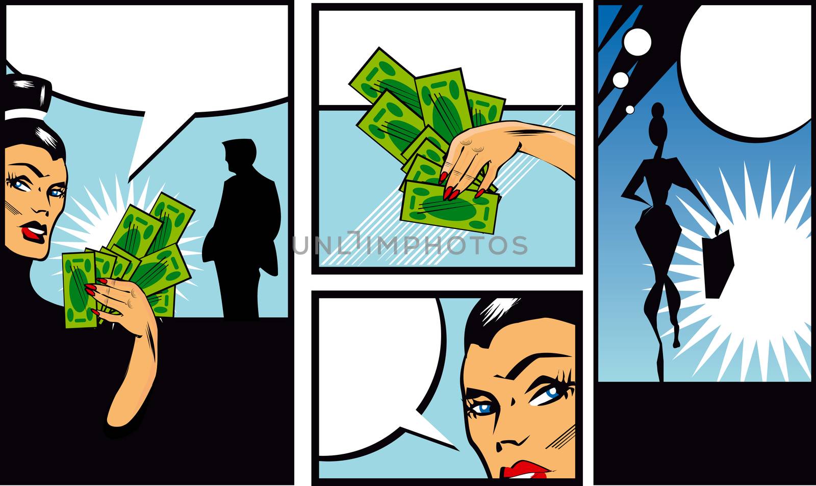 Pop art Comic Book Style Banners with woman man and money Talking comic style speech bubbles. Vector illustration