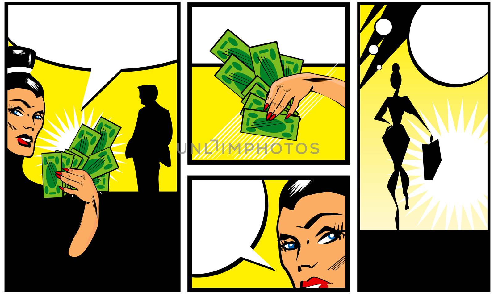 Pop art Comic Book Style Banners with woman man and money Talking comic style speech bubbles. Vector illustration