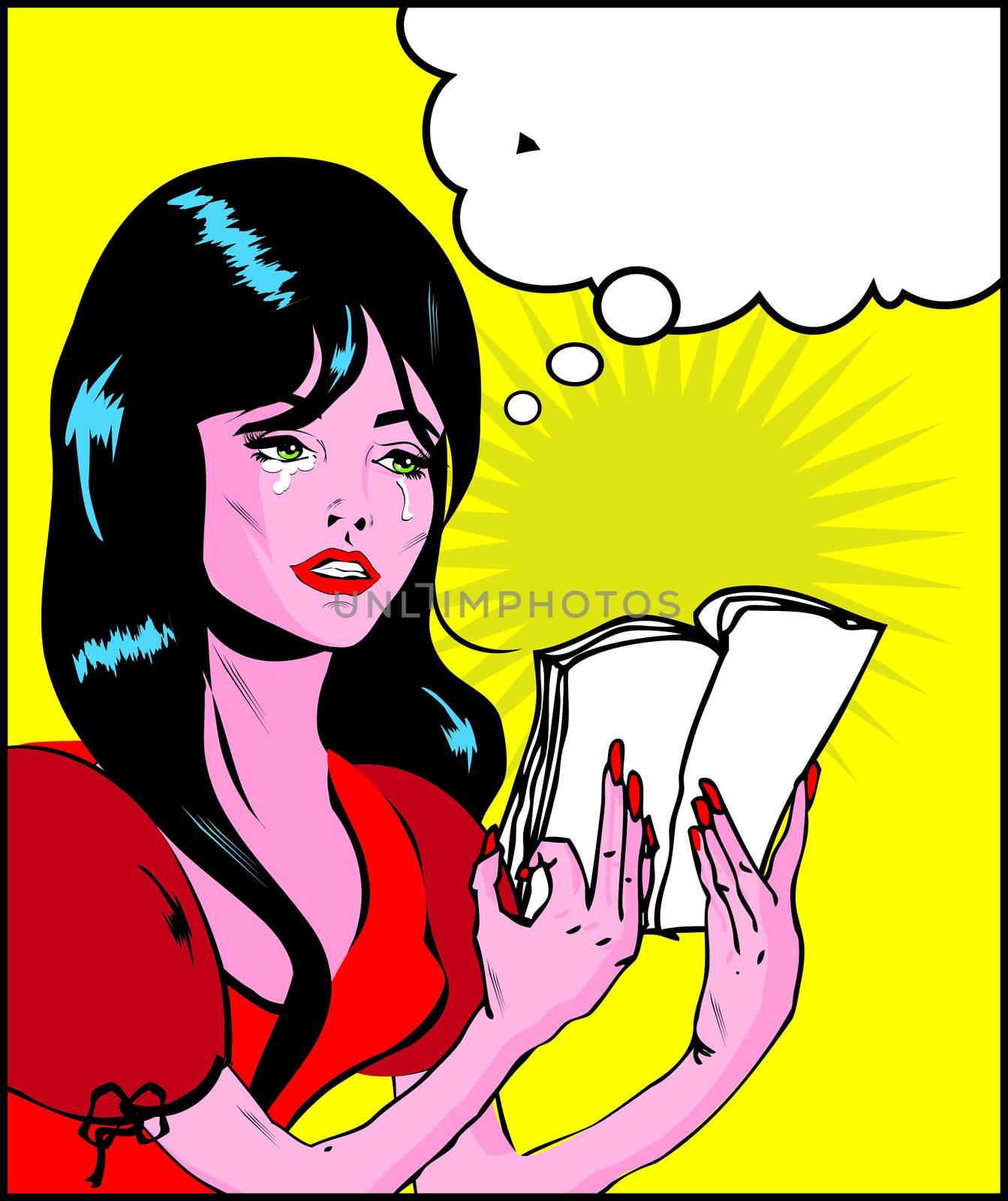 Woman cry and reading pop art comic collection Sad young woman reading book 