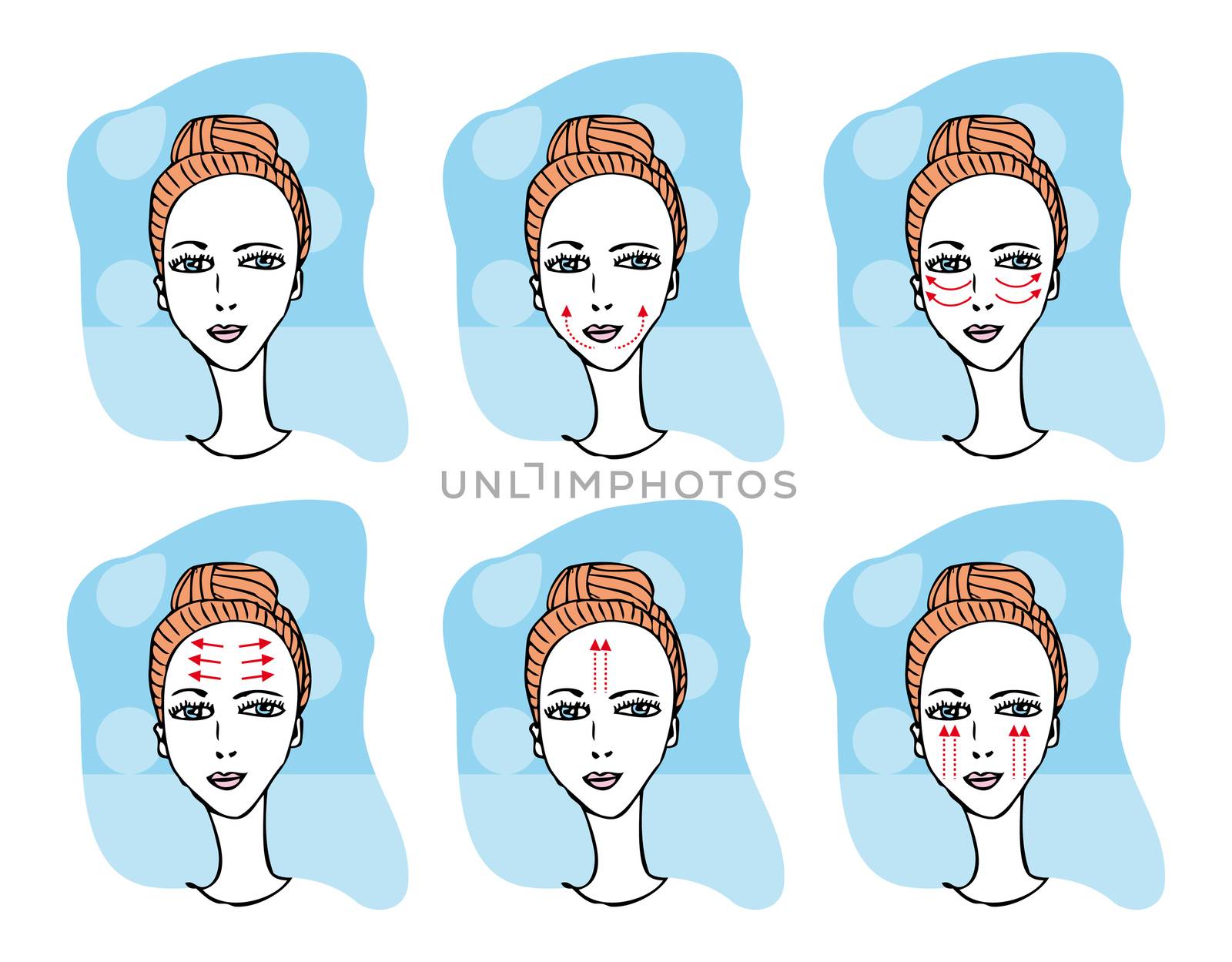 Face massage  scheme Fashion illustration with woman faces set and arrow
