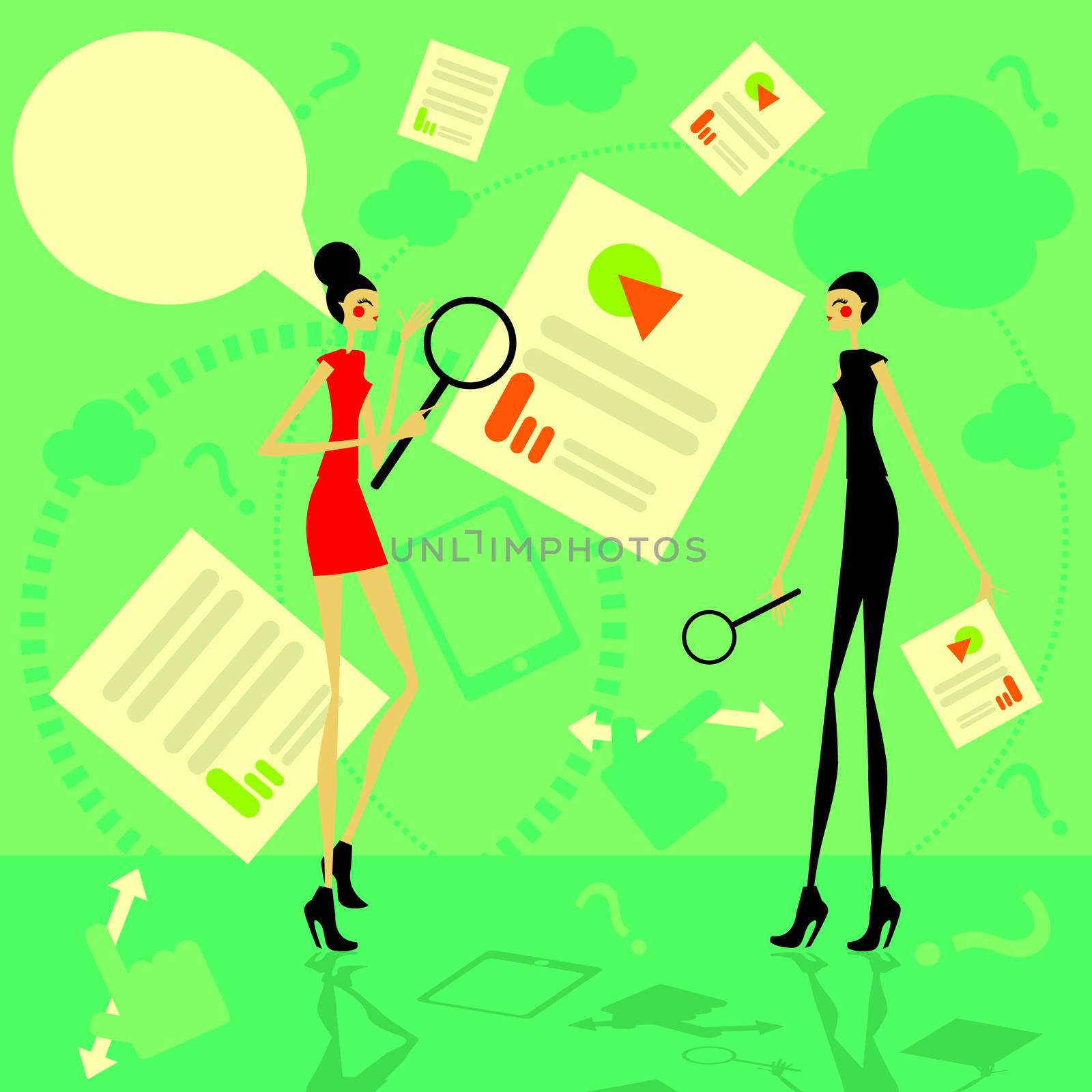 Examining financial documents Girls talking by IconsJewelry