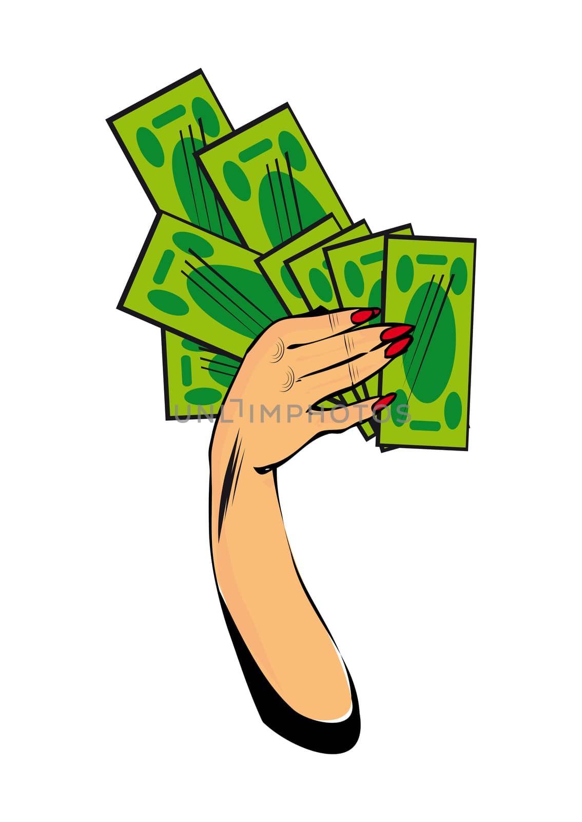 Vector comic female hand with cash money Hand with money isolate by IconsJewelry