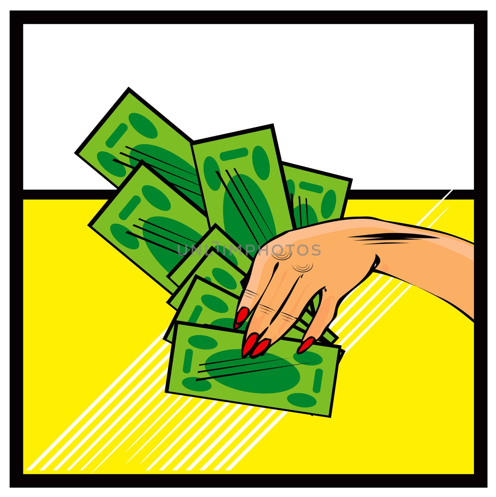 Vector comic female hand with cash money Hand with money on pop  by IconsJewelry
