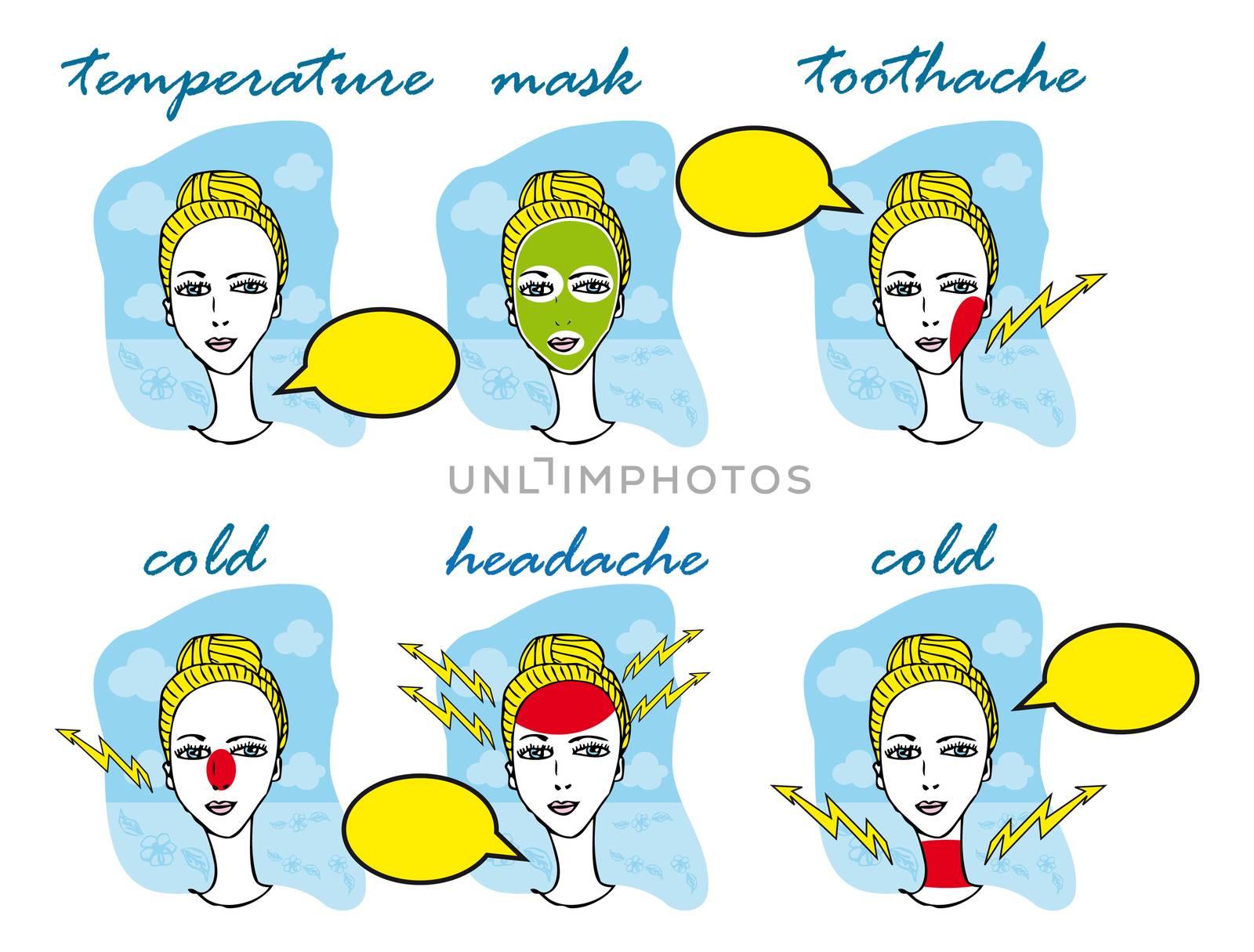 Cold and Flu Season illustration of Woman with headache, toothache, cold, temperature, mask icons