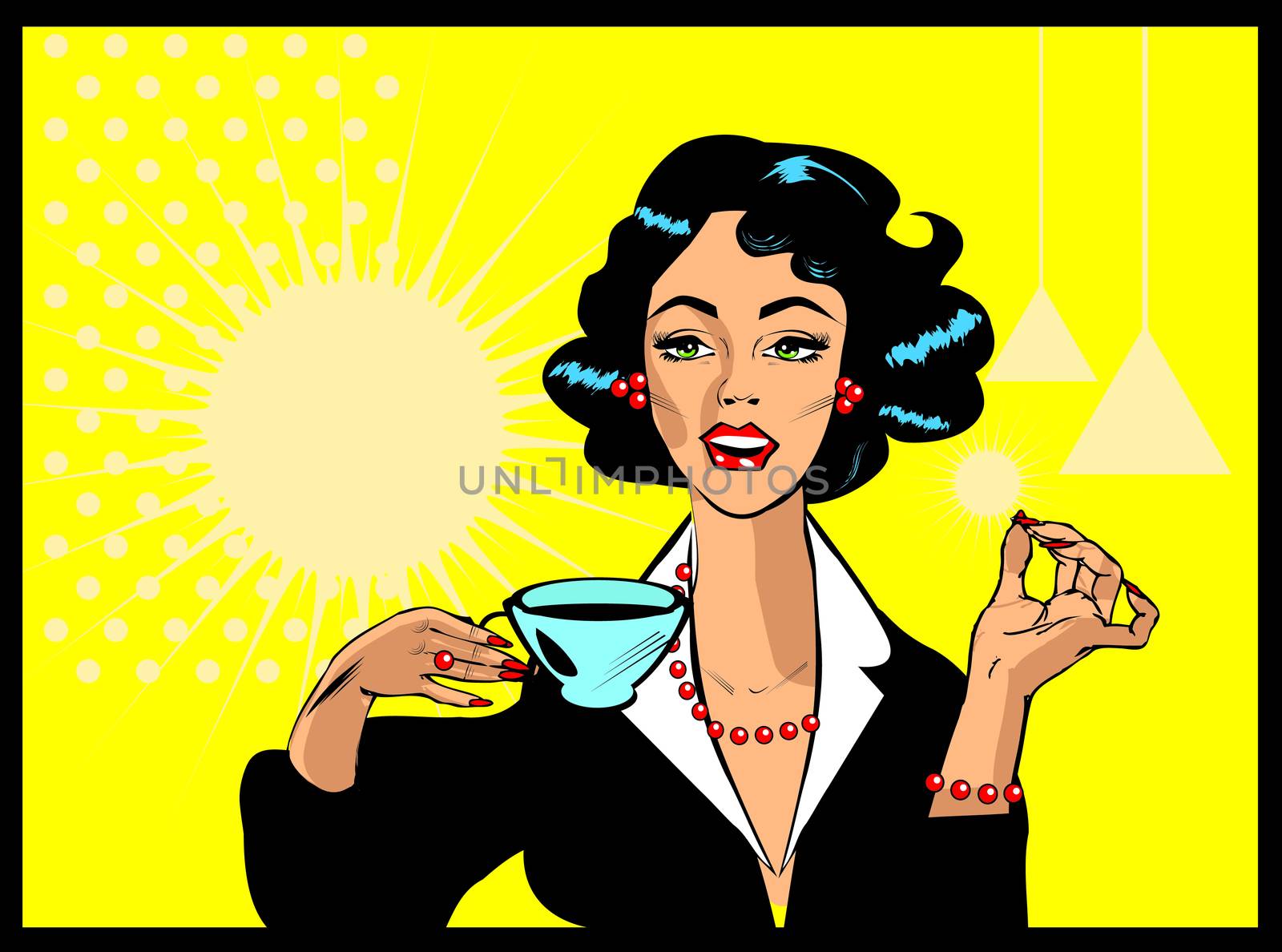 Coffee Lover vector poster with woman and cup of coffee in hand, by IconsJewelry