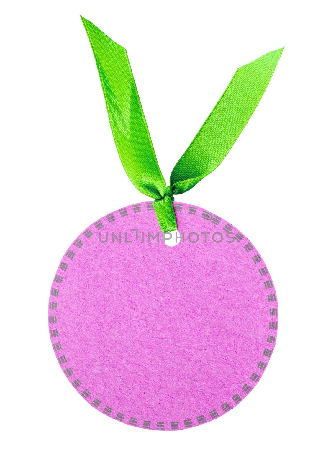 Blank pink tag circle shape and green ribbon isolated on white background, save clipping path..