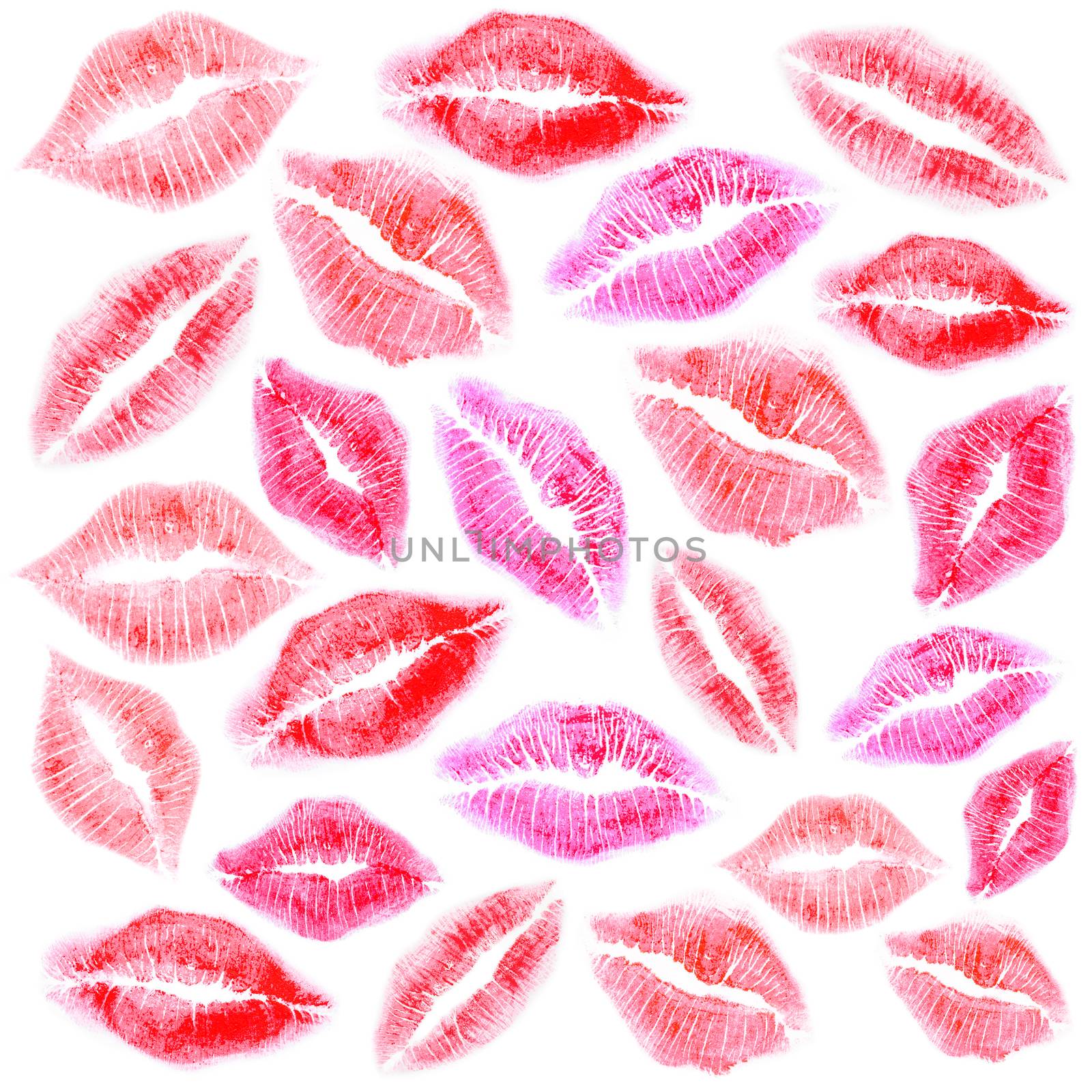 Set of beautiful many colour lipstick mark on white background.