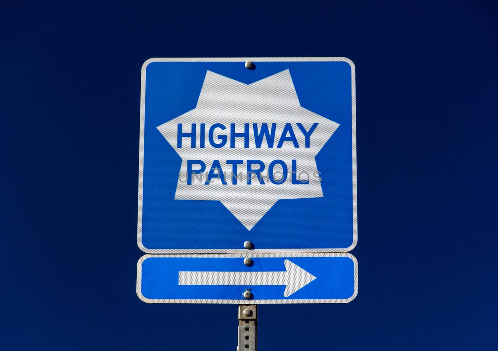 Roadside Highway Patrol sign with arrow pointing right.