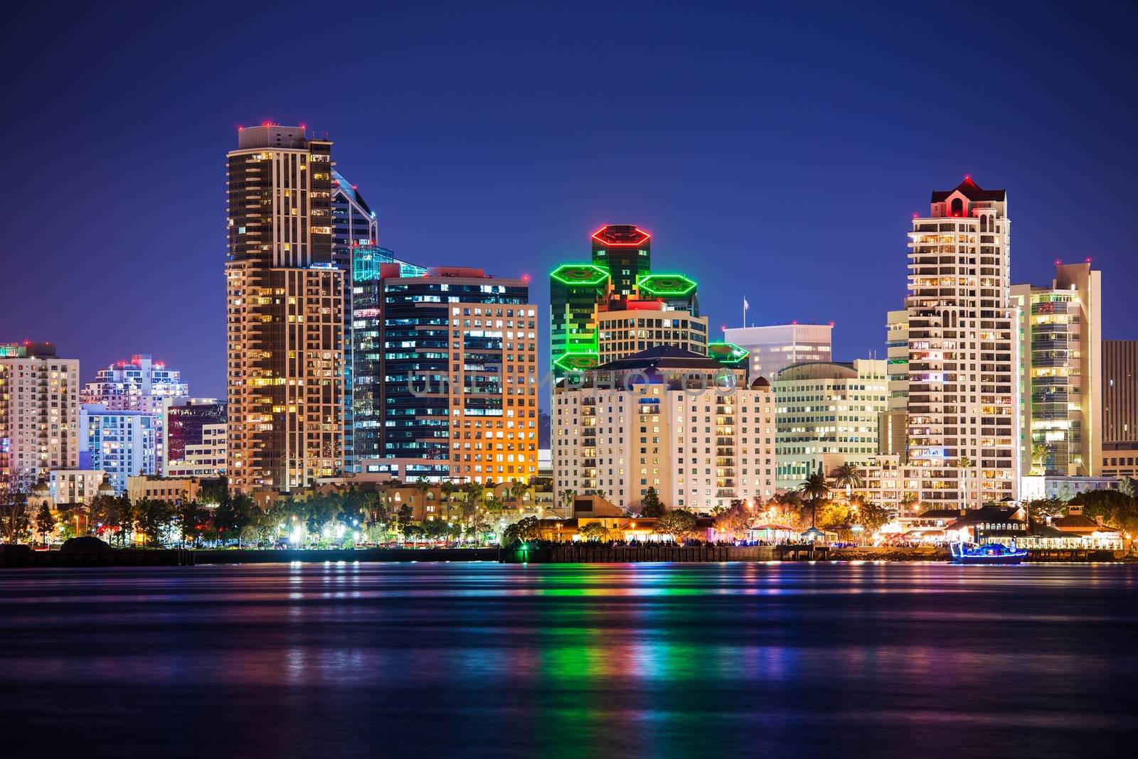 Colorful Skyline San Diego at Night. North San Diego Bay.