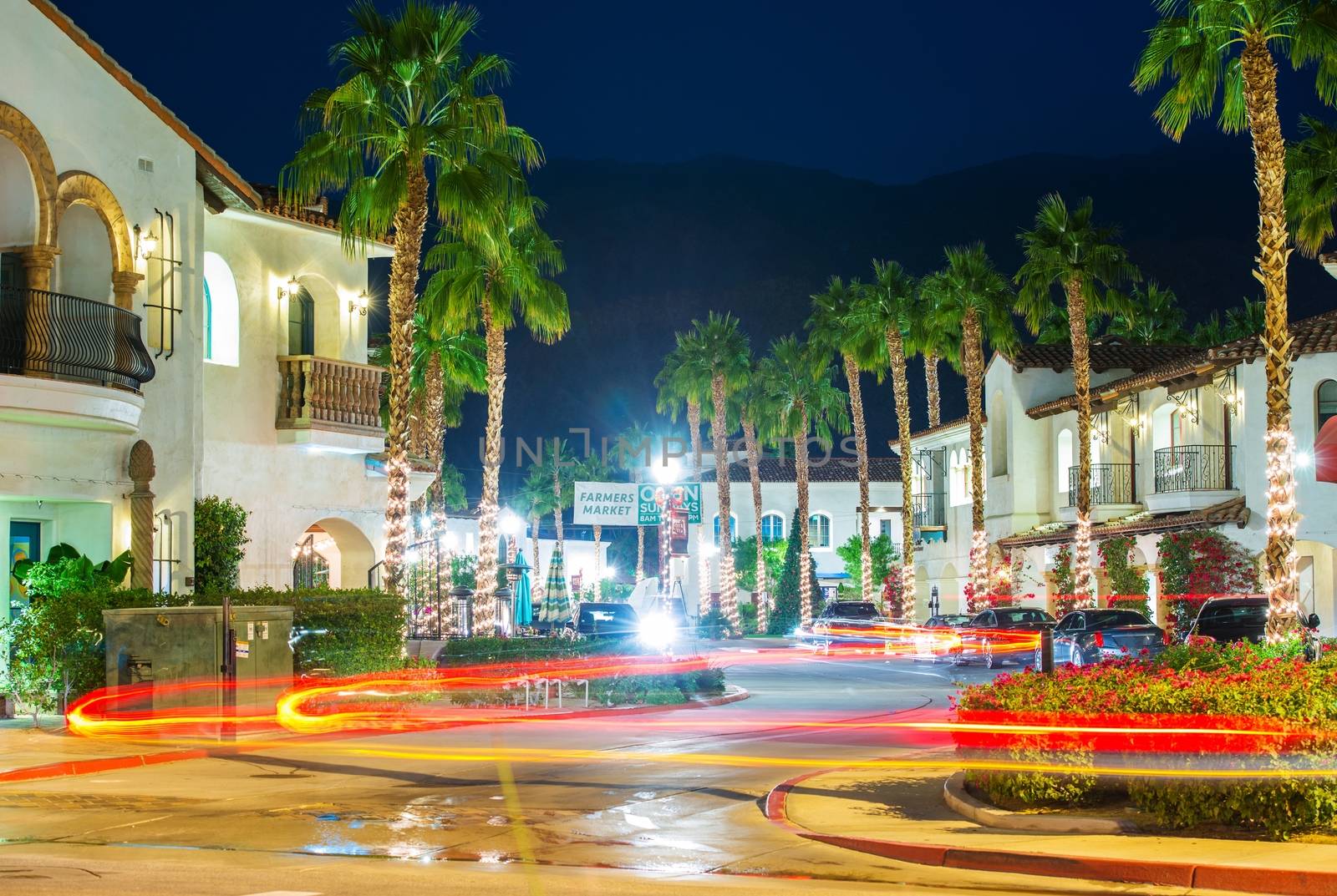 La Quinta Holiday Lights. Downton La Quinta at Night with Blurred Car Lights. California, United States.