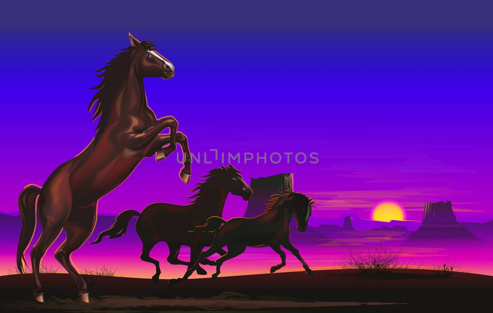 Three Wild Horses on the American Prairie Illustration. Wild Arizona Landscape.
