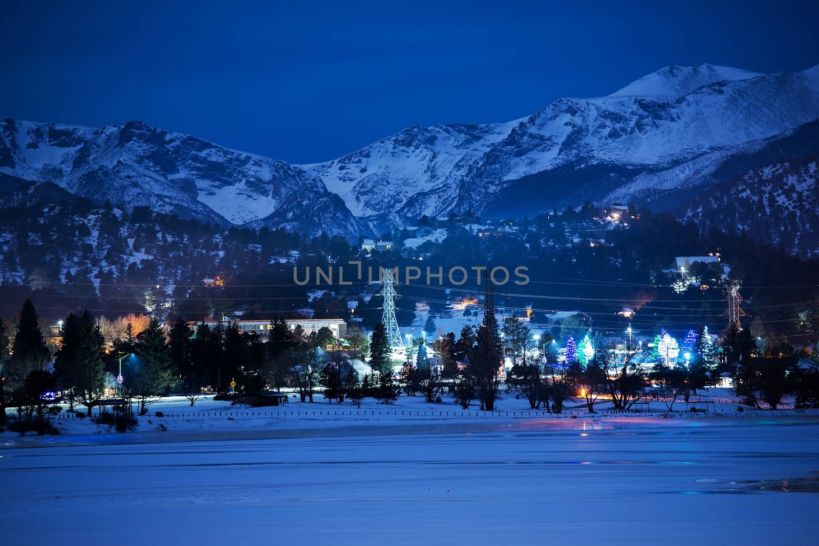 One Cold Winter Night in the Famous Estes Park, Colorado, United States.