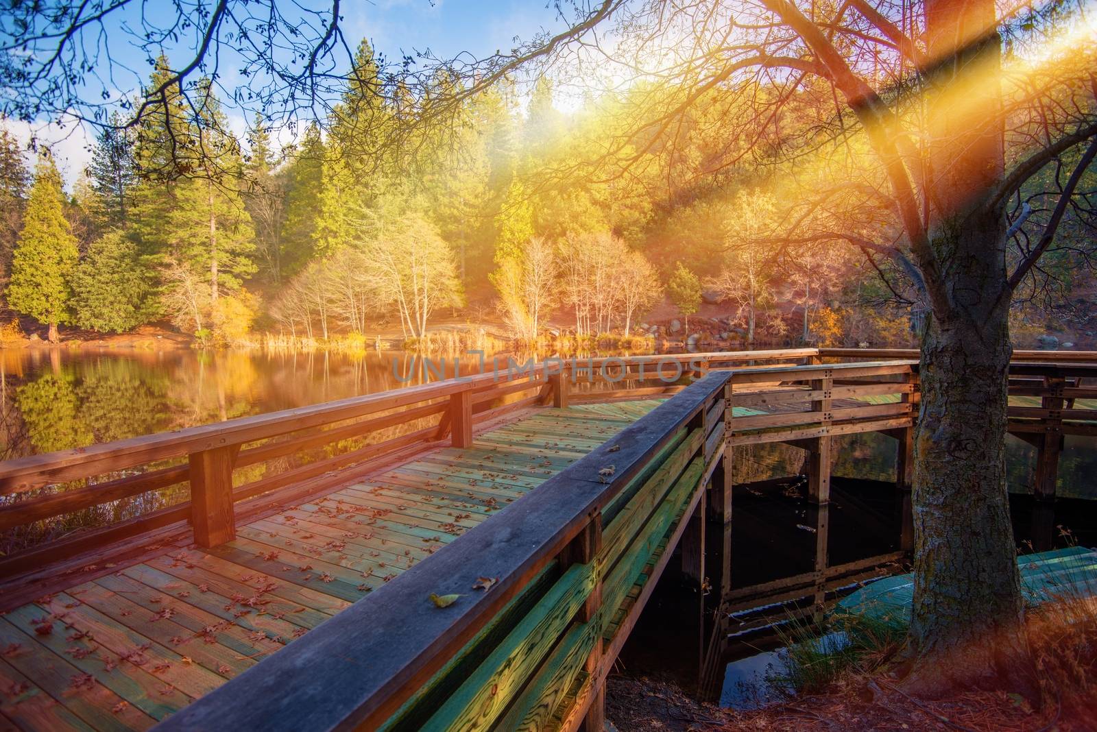 Wooden Lake Deck Scenery. Scenic Lake Fulmor in California Idyllwild Mountains.