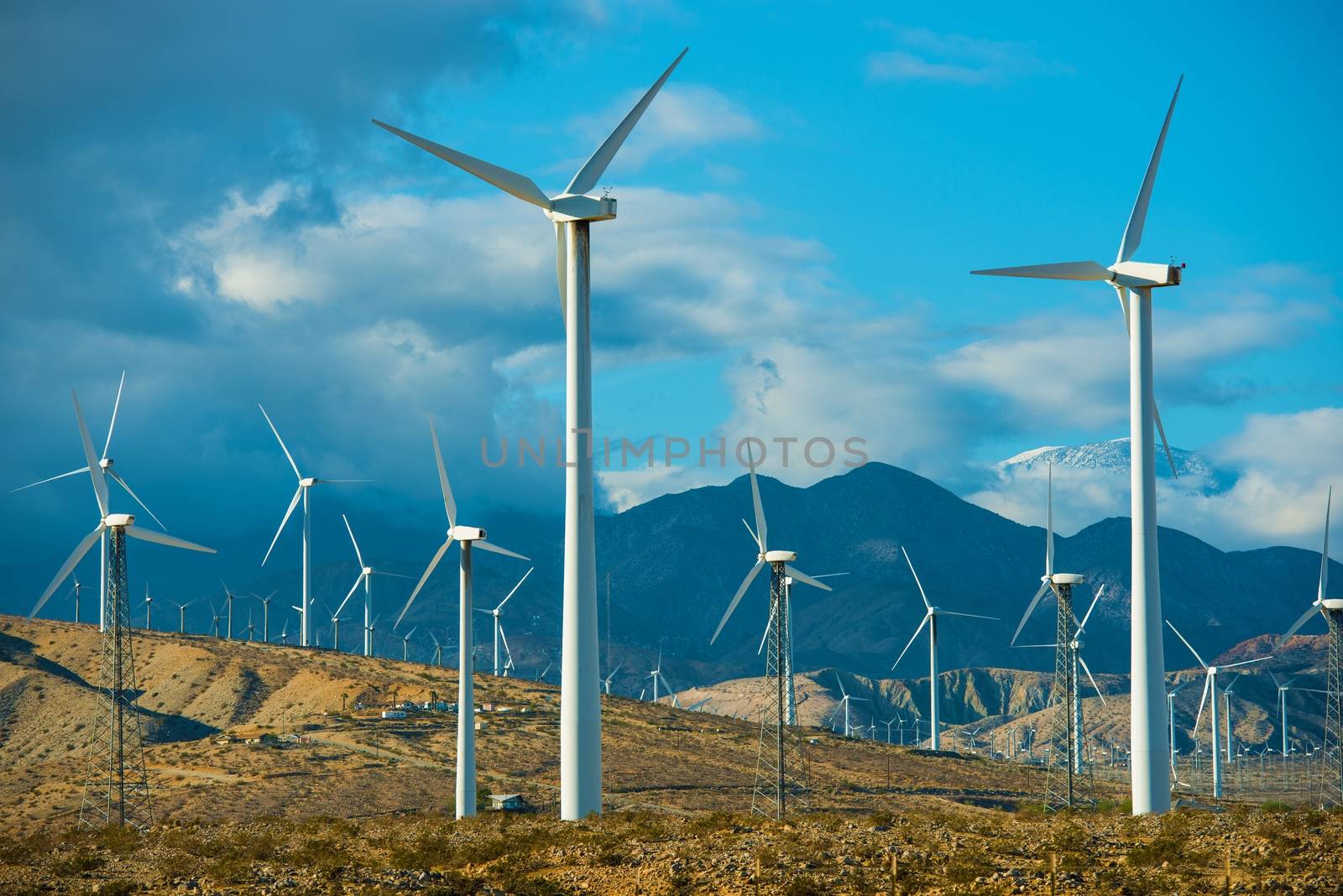 Windy Mountains Spot and Wind Turbines in Souther California Palm Springs Area.