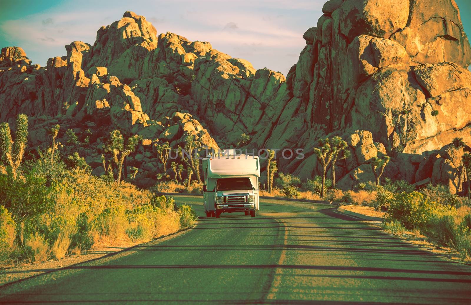 Camper in California. RVing in Souther California. Joshua Trees National Park Landscape. Vintage Color Grading.