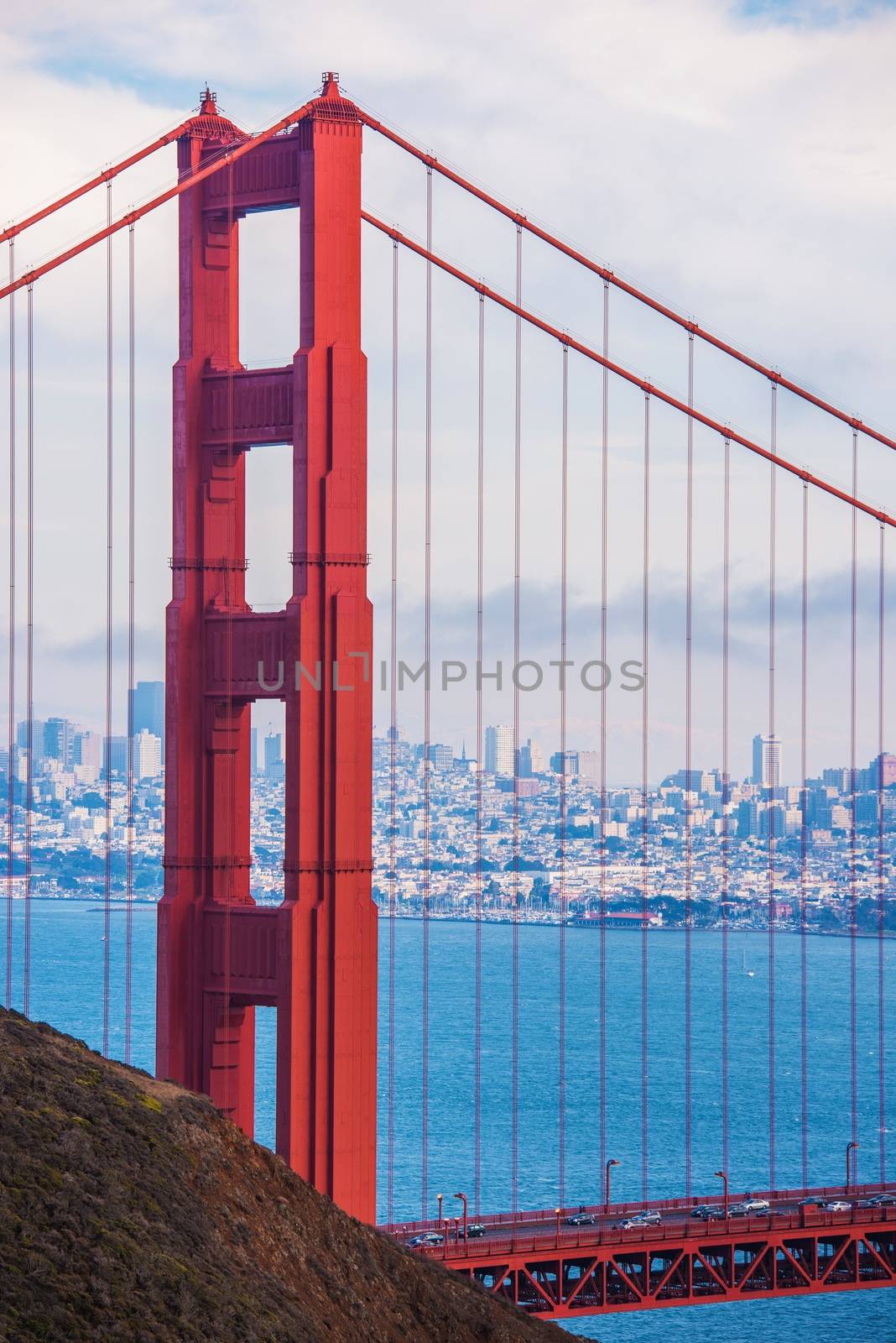 Scenic San Francisco Bay and the Golden Gate Bridge. Vertical Photography. San Francisco, California, USA.